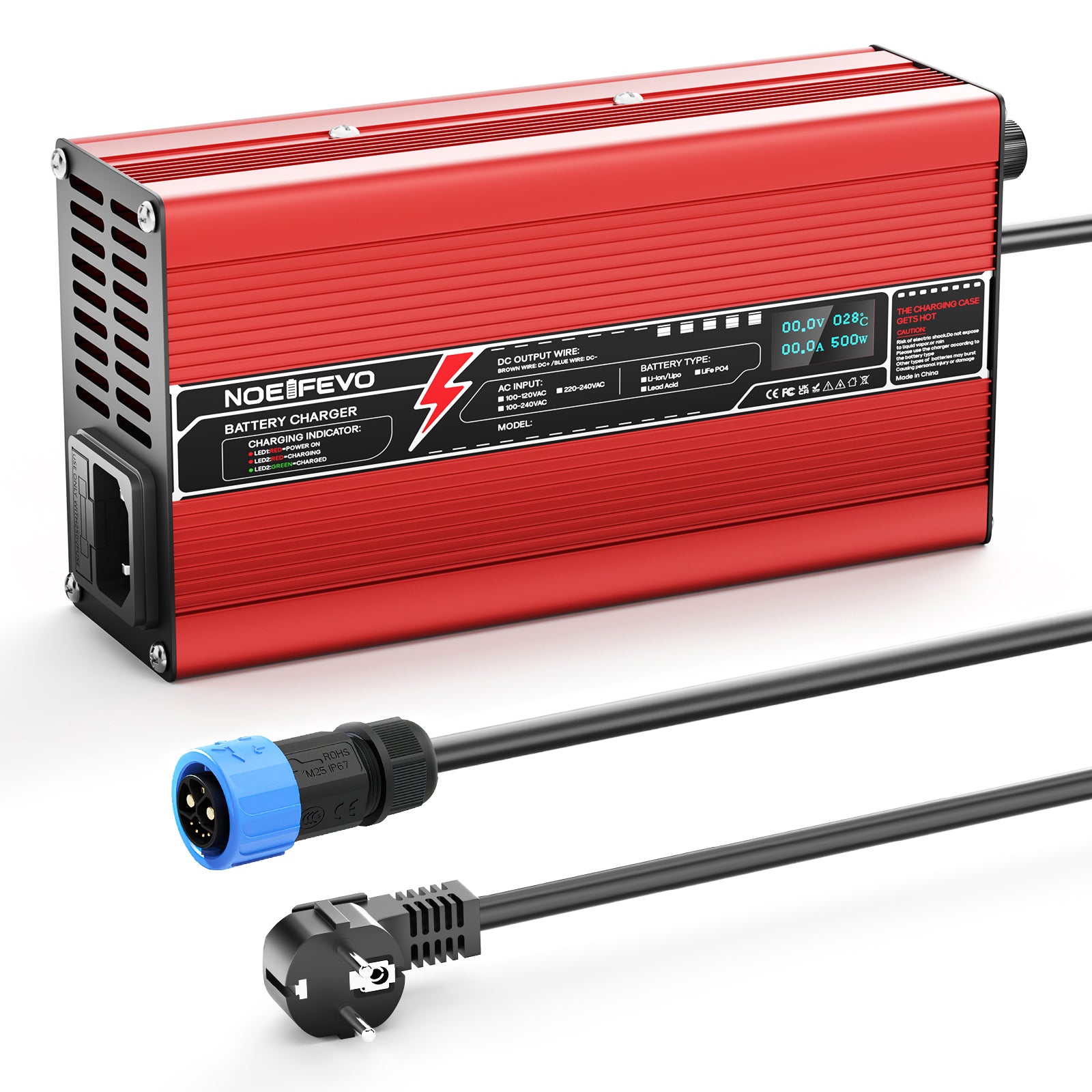NOEIFEVO 73V 6A LiFePO4-batterilader for 64V 20S LiFePO4-batterier, automatisk avstenging, OLED-skjerm, aluminiumhus, med vifte