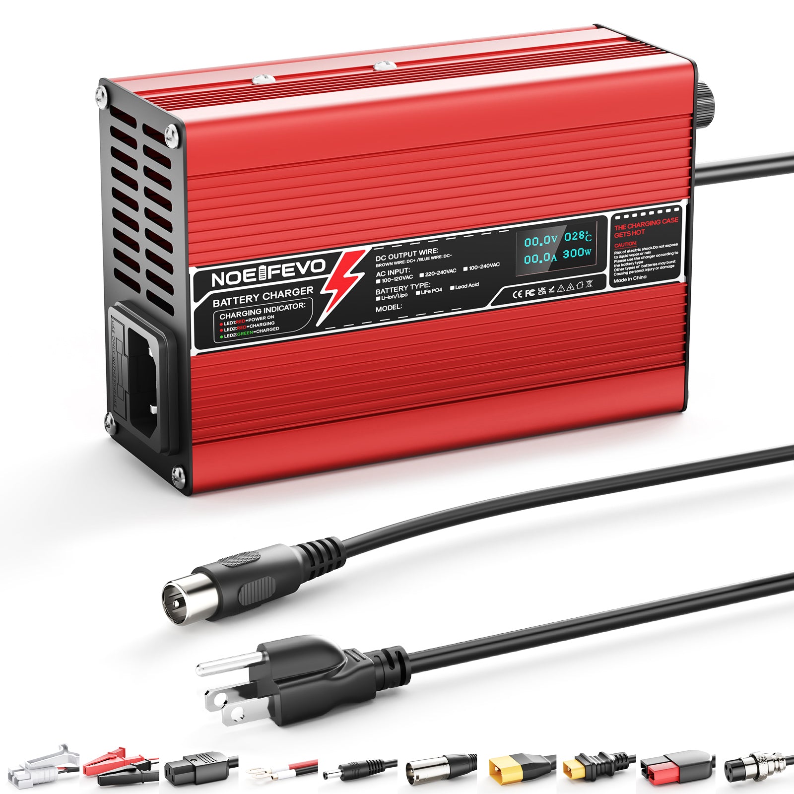 NOEIFEVO 41.4V-44.1V 2A 3A 3.5A 4A Carregador de Bateria de Chumbo-Ácido para Bateria de 36V Chumbo-Ácido, Ventilador de Resfriamento, Desligamento Automático (VERMELHO)