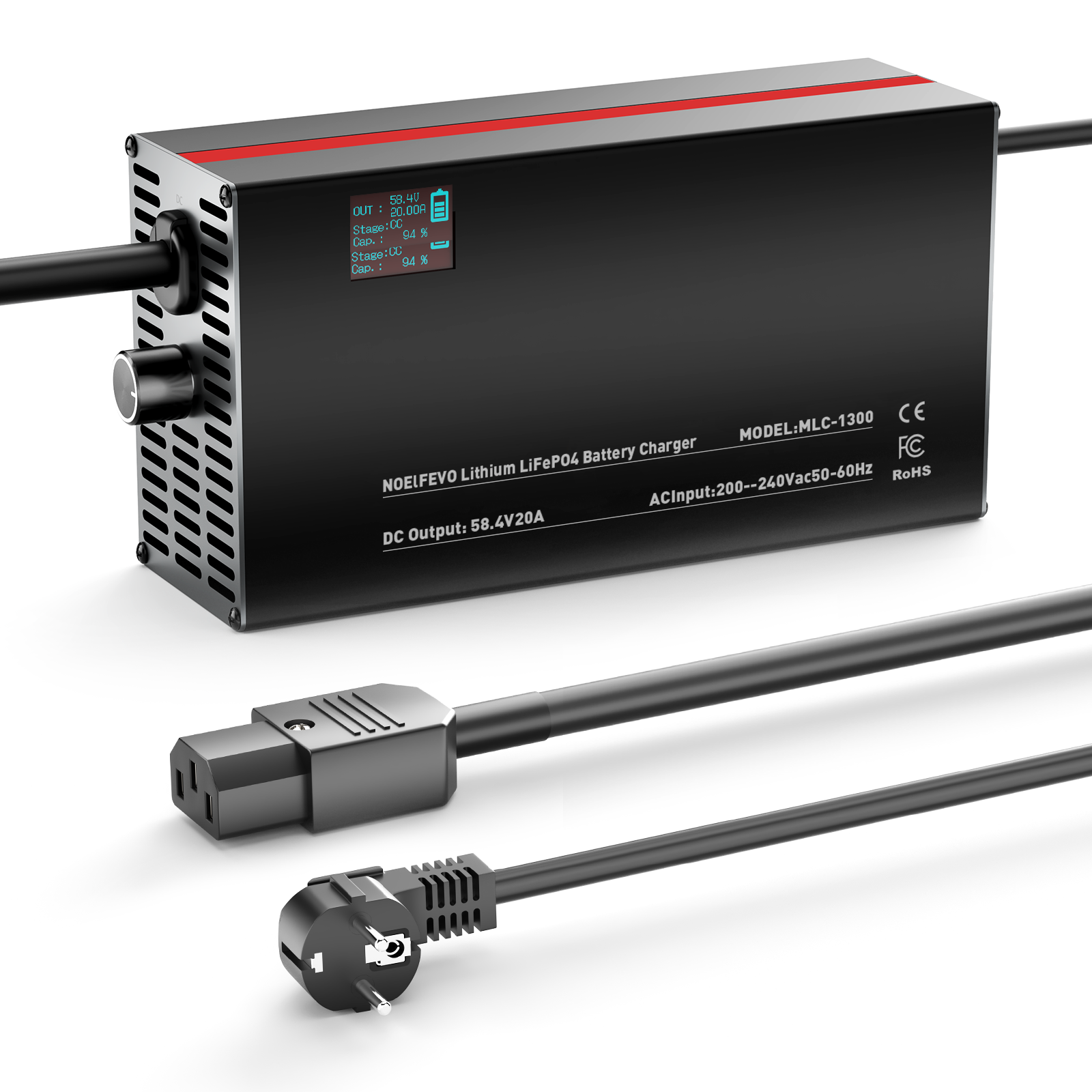 NOEIFEVO 58.4V 2-20A Lithium-LiFePO4-Akkuladegerät für 51.2V 16S LiFePO4-Akku, LCD-Anzeige, Strom einstellbar, Ladegerät für Golfwagen, Trolling-Motor, Boot und Wohnmobile