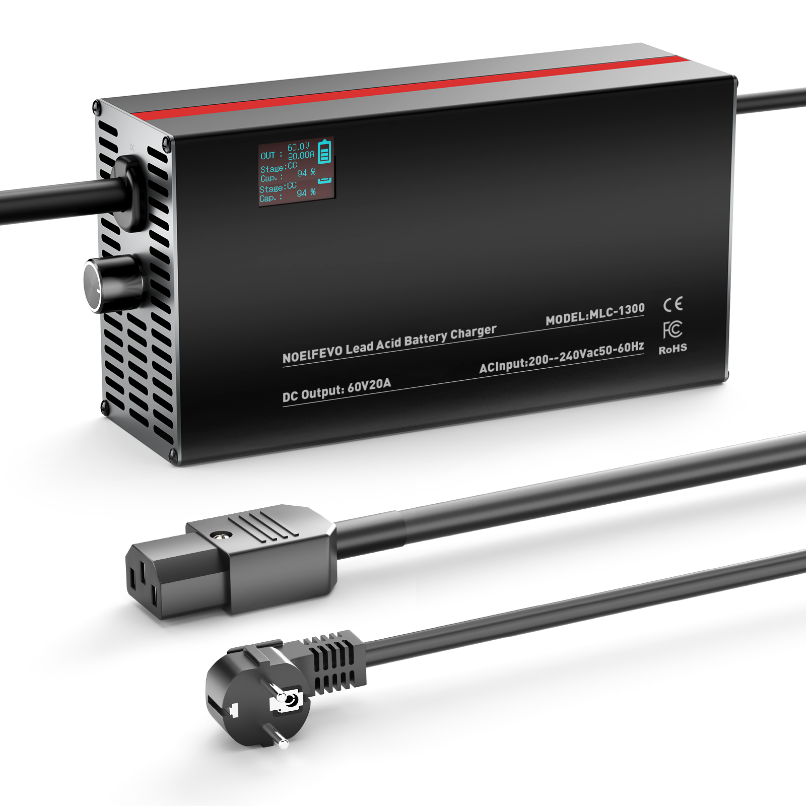 NOEIFEVO 48V 2A-20A Strom Einstellbares Batterieladegerät für Blei-Säure-Batterien, AGM, Gel, Golfwagen-Batterieladegerät, LED-Anzeige