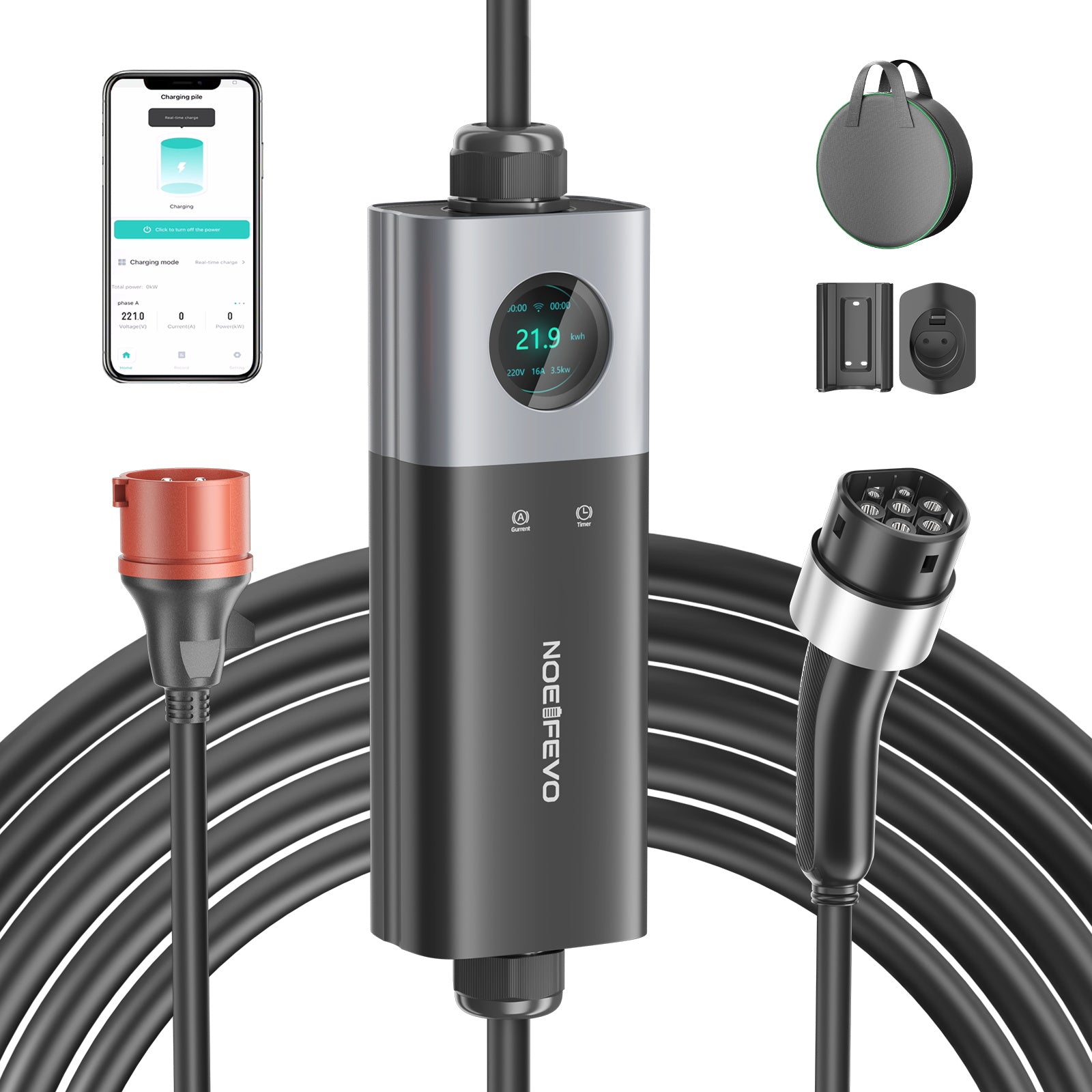 NOEIFEVO Q21W Wi-Fi Mobile Wallbox 11kW with APP Remote Control, 5m/10m Type 2 CEE16A 3-Phase Charging Cable for Electric Vehicles
