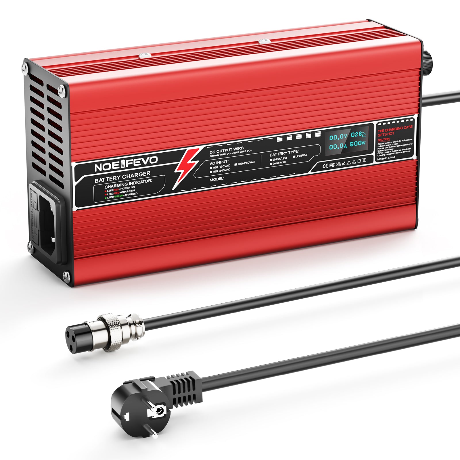 NOEIFEVO 73V 6A LiFePO4-batterilader for 64V 20S LiFePO4-batterier, automatisk avstenging, OLED-skjerm, aluminiumhus, med vifte