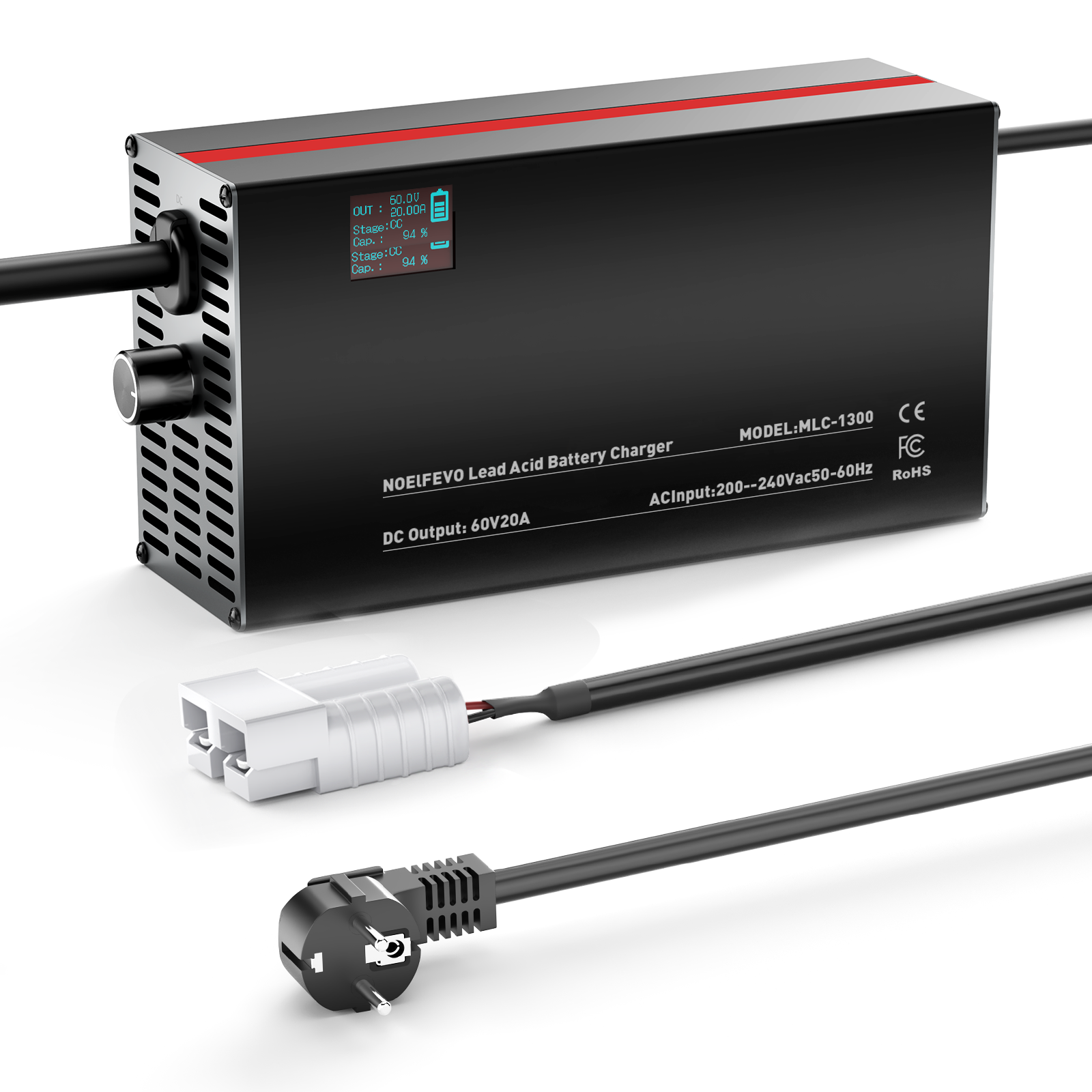 NOEIFEVO 48V 2A-20A Strom Einstellbares Batterieladegerät für Blei-Säure-Batterien, AGM, Gel, Golfwagen-Batterieladegerät, LED-Anzeige