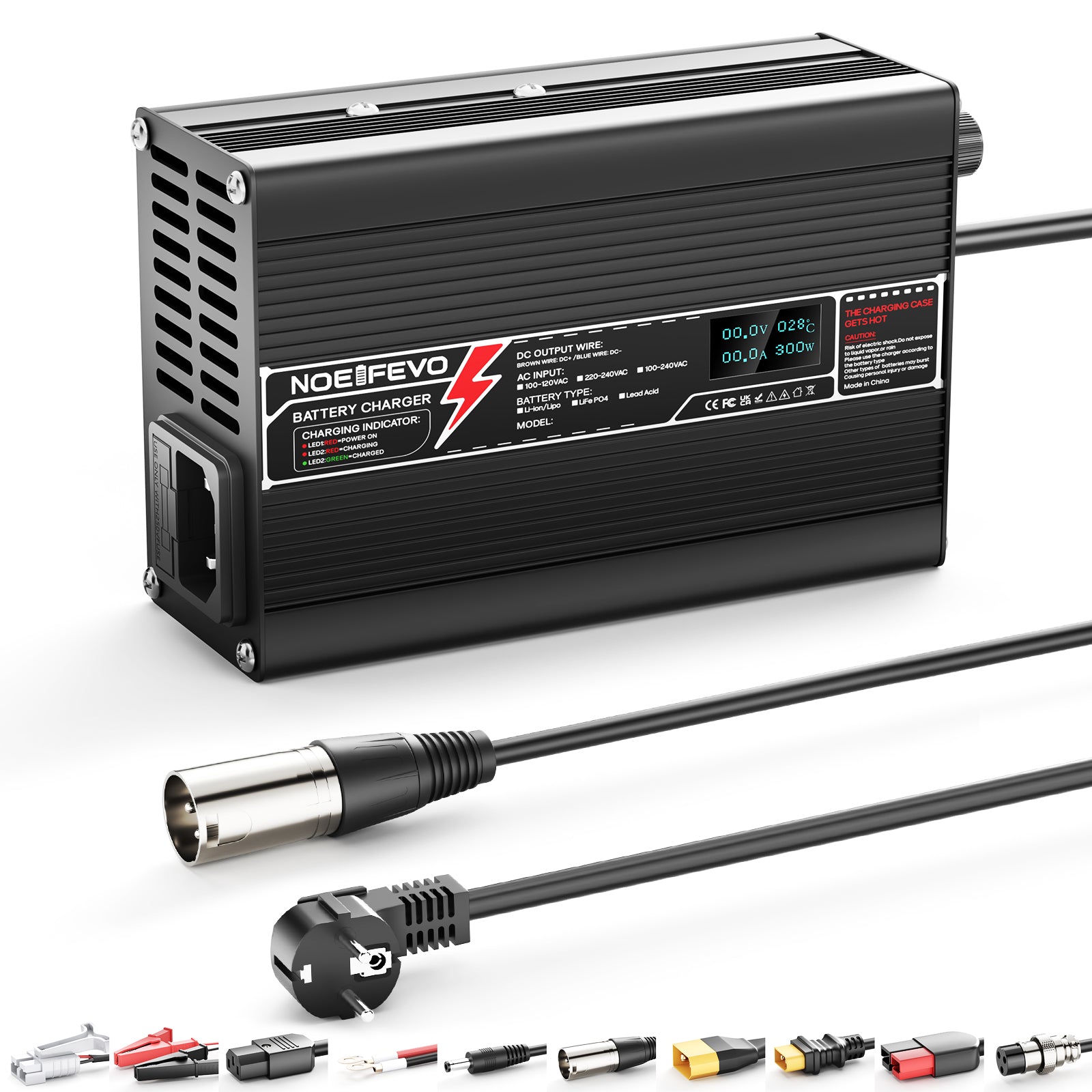NOEIFEVO 54.6V 5A Lithium Battery Charger for 13S 48V Battery Packs, LED Display, Aluminum Housing, Cooling Fan