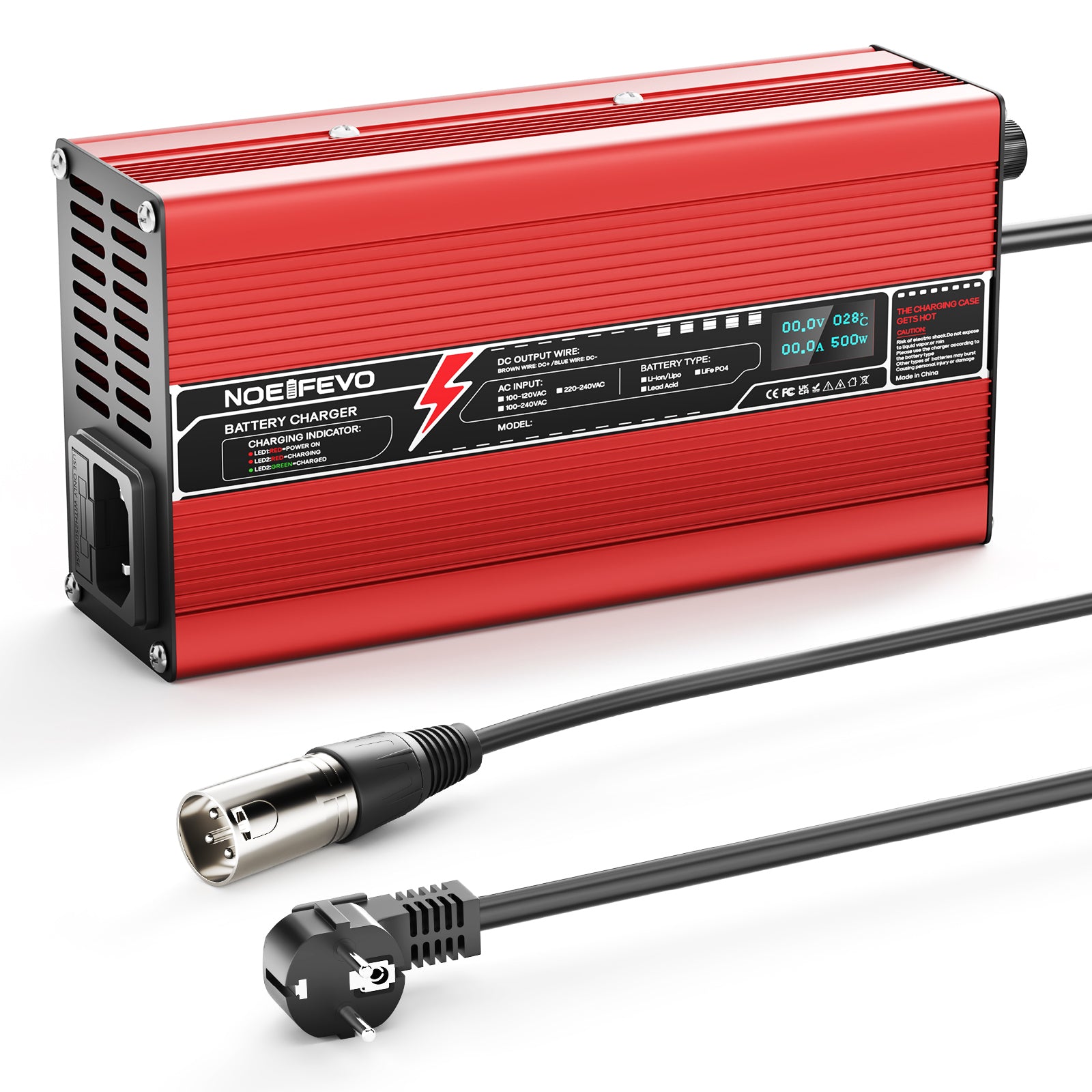 NOEIFEVO 73V 6A LiFePO4-batterilader for 64V 20S LiFePO4-batterier, automatisk avstenging, OLED-skjerm, aluminiumhus, med vifte
