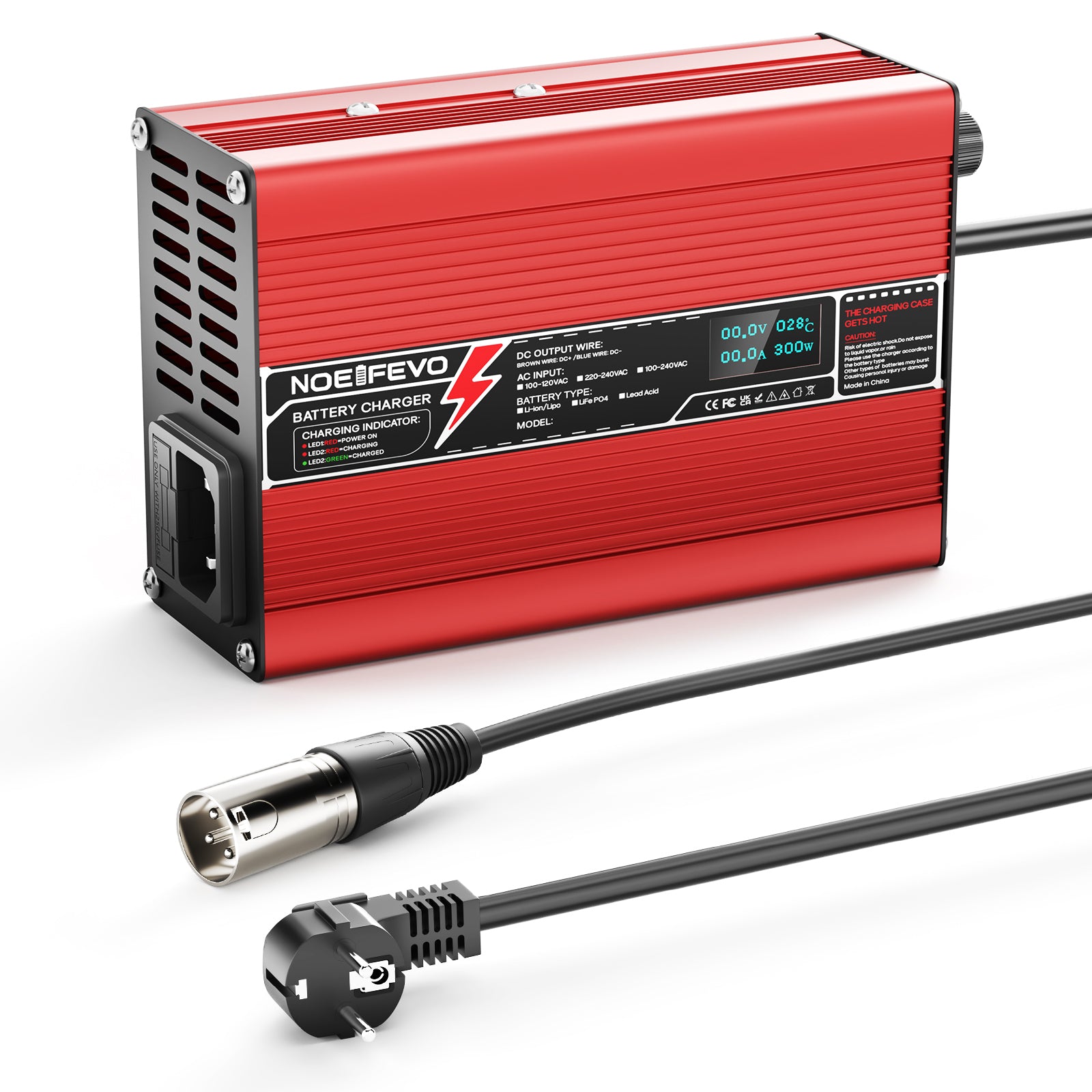 NOEIFEVO 36V 6A blysyre-batterilader, OLED-skjerm, aluminiumsdeksel, intelligent hurtiglader, GX16/XT60/XT90/M8/Anderson 50A
