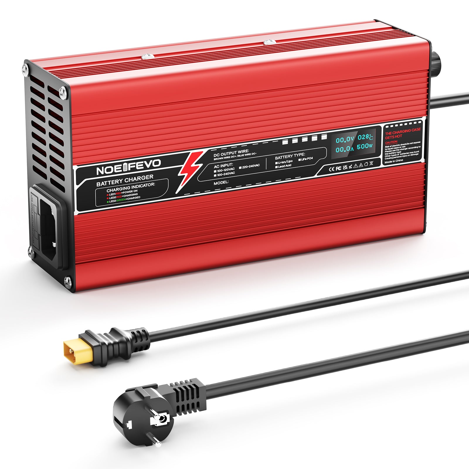 NOEIFEVO 73V 6A LiFePO4-batterilader for 64V 20S LiFePO4-batterier, automatisk avstenging, OLED-skjerm, aluminiumhus, med vifte