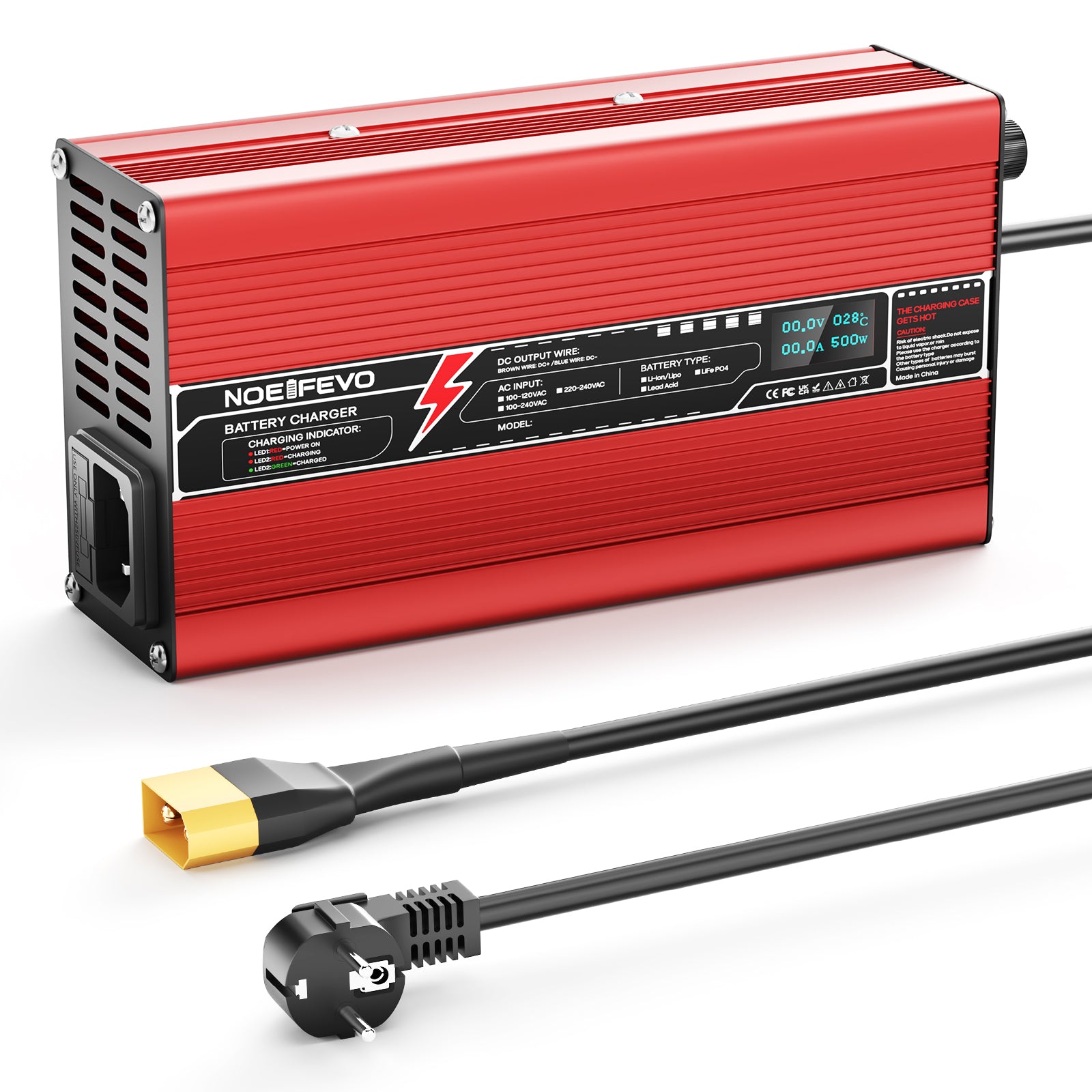 NOEIFEVO 73V 6A LiFePO4-batterilader for 64V 20S LiFePO4-batterier, automatisk avstenging, OLED-skjerm, aluminiumhus, med vifte