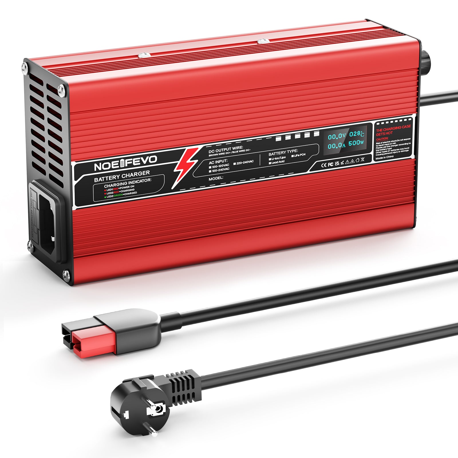 NOEIFEVO 73V 6A LiFePO4-batterilader for 64V 20S LiFePO4-batterier, automatisk avstenging, OLED-skjerm, aluminiumhus, med vifte