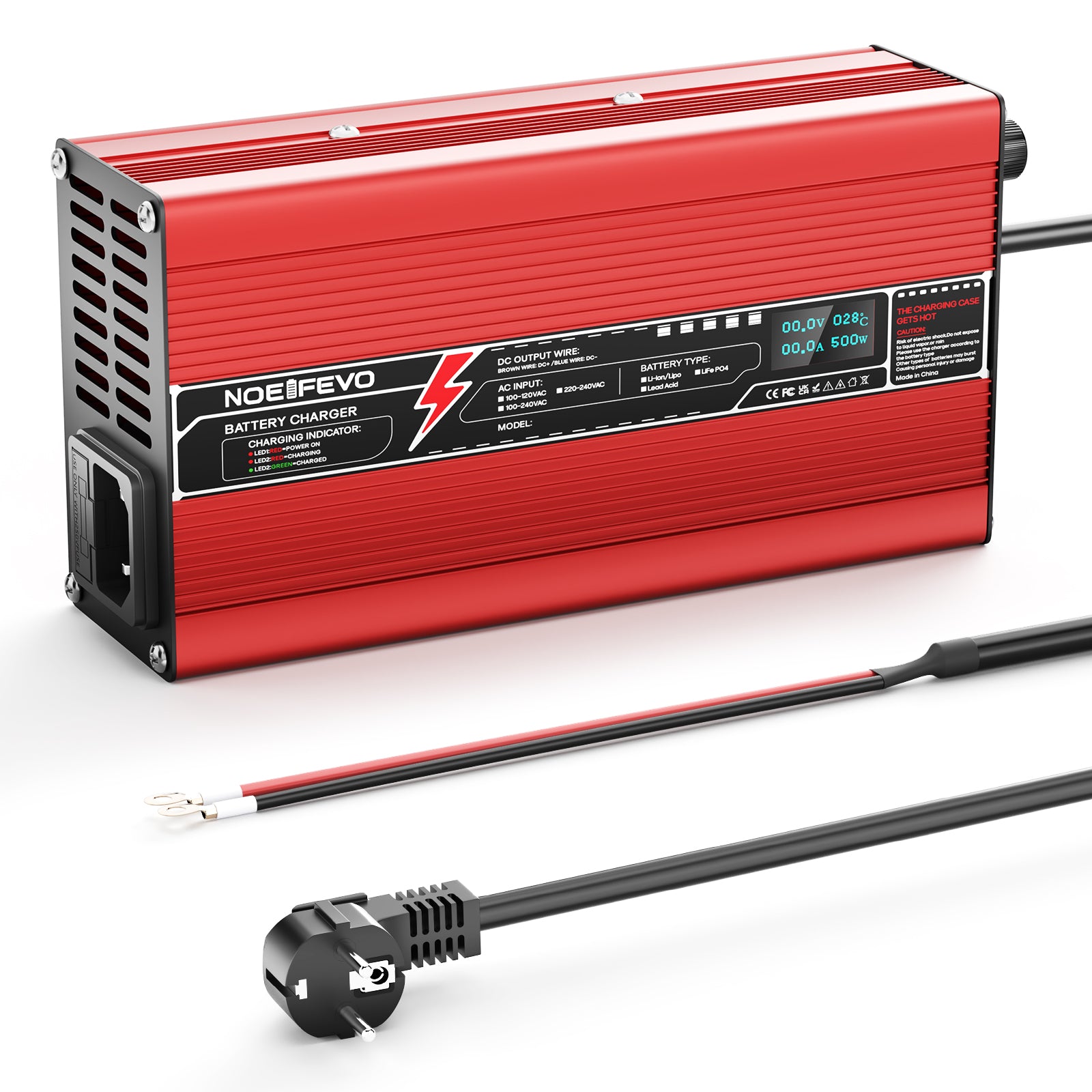 NOEIFEVO 73V 6A LiFePO4-batterilader for 64V 20S LiFePO4-batterier, automatisk avstenging, OLED-skjerm, aluminiumhus, med vifte