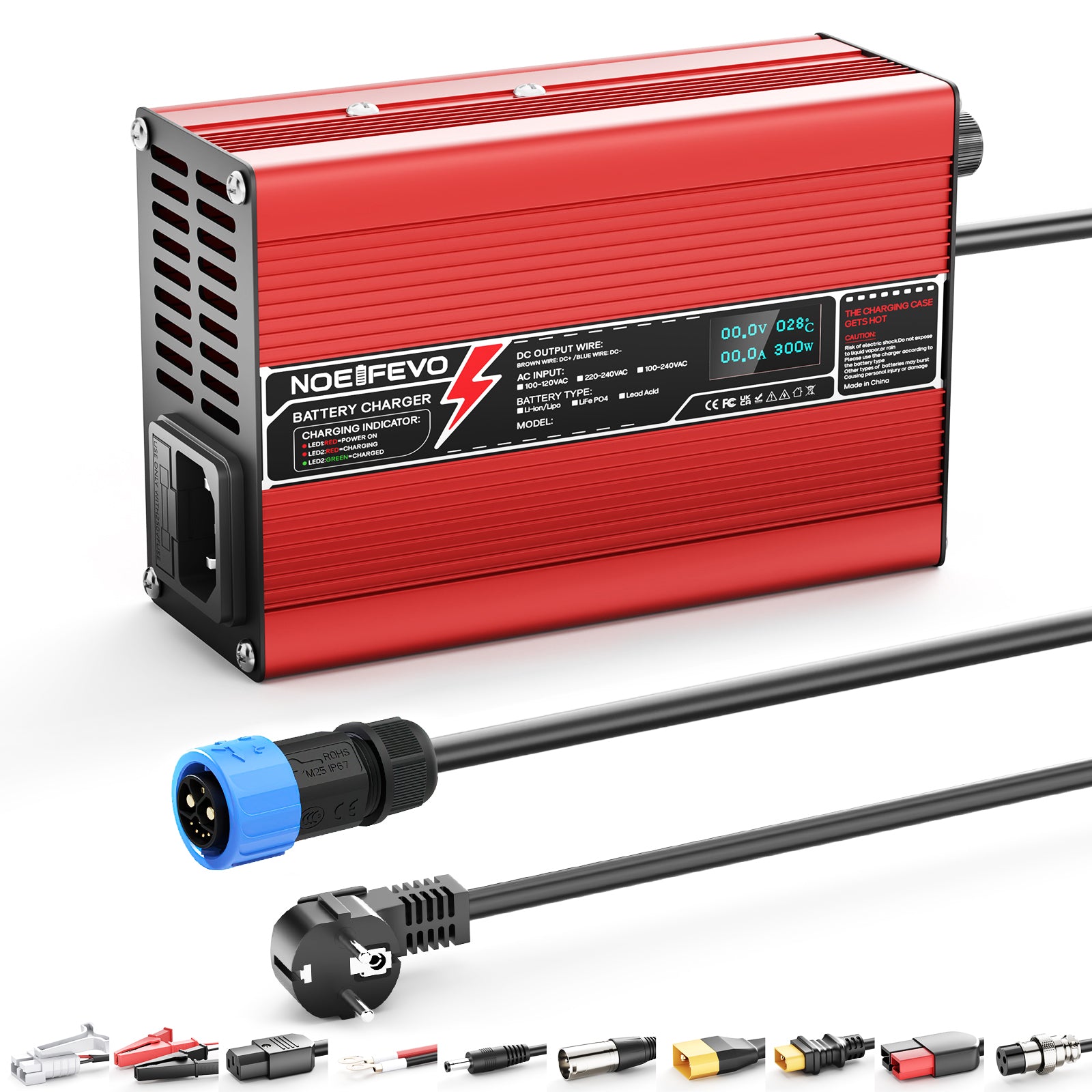 NOEIFEVO 41.4V-44.1V 2A 3A 3.5A 4A Carregador de Bateria de Chumbo-Ácido para Bateria de 36V Chumbo-Ácido, Ventilador de Resfriamento, Desligamento Automático (VERMELHO)