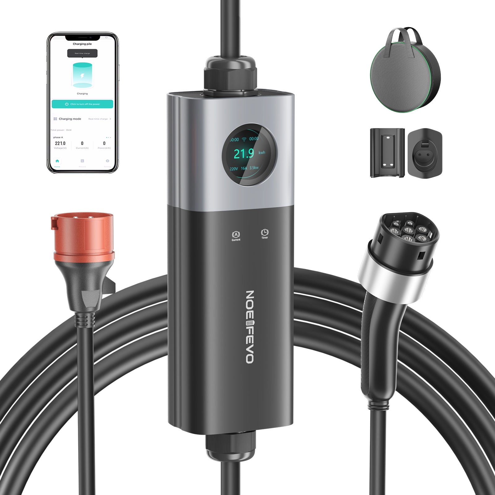 NOEIFEVO Q21W Wi-Fi Mobile Wallbox 11kW with APP Remote Control, 5m/10m Type 2 CEE16A 3-Phase Charging Cable for Electric Vehicles
