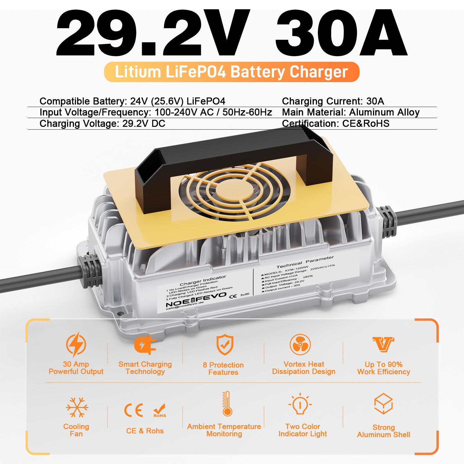 Noeifevo 29.2V 30A LiFePO4 Battery Charger for 24V to 25.6V Lithium Accu, Waterproof, 0V BMS Activation, Automatic Shutdown