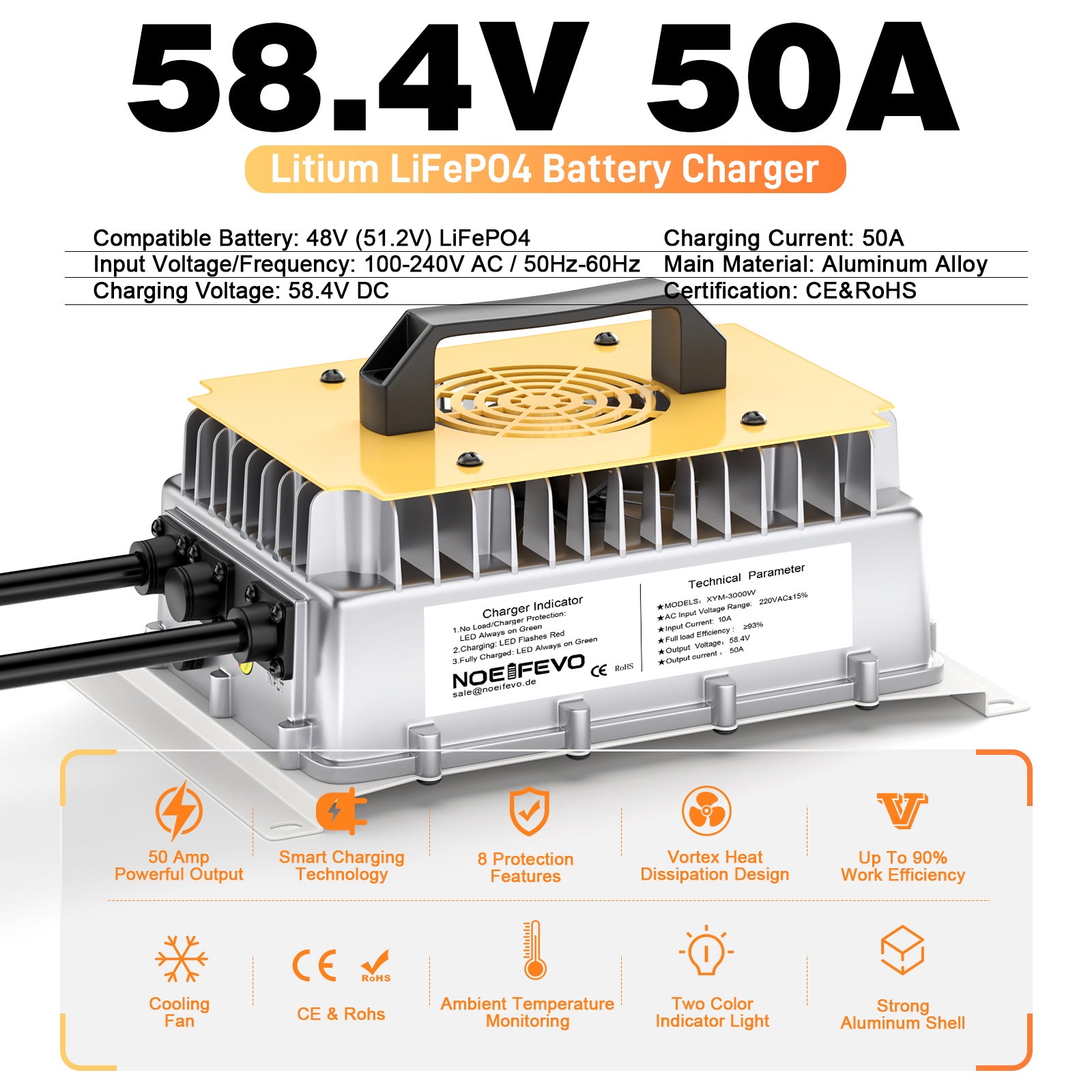 NOEIFEVO 58.4V 50A LiFePO4 Battery Charger for 51.2V (48V) 16S LiFePO4 Battery, waterproof, activated at 0V BMS