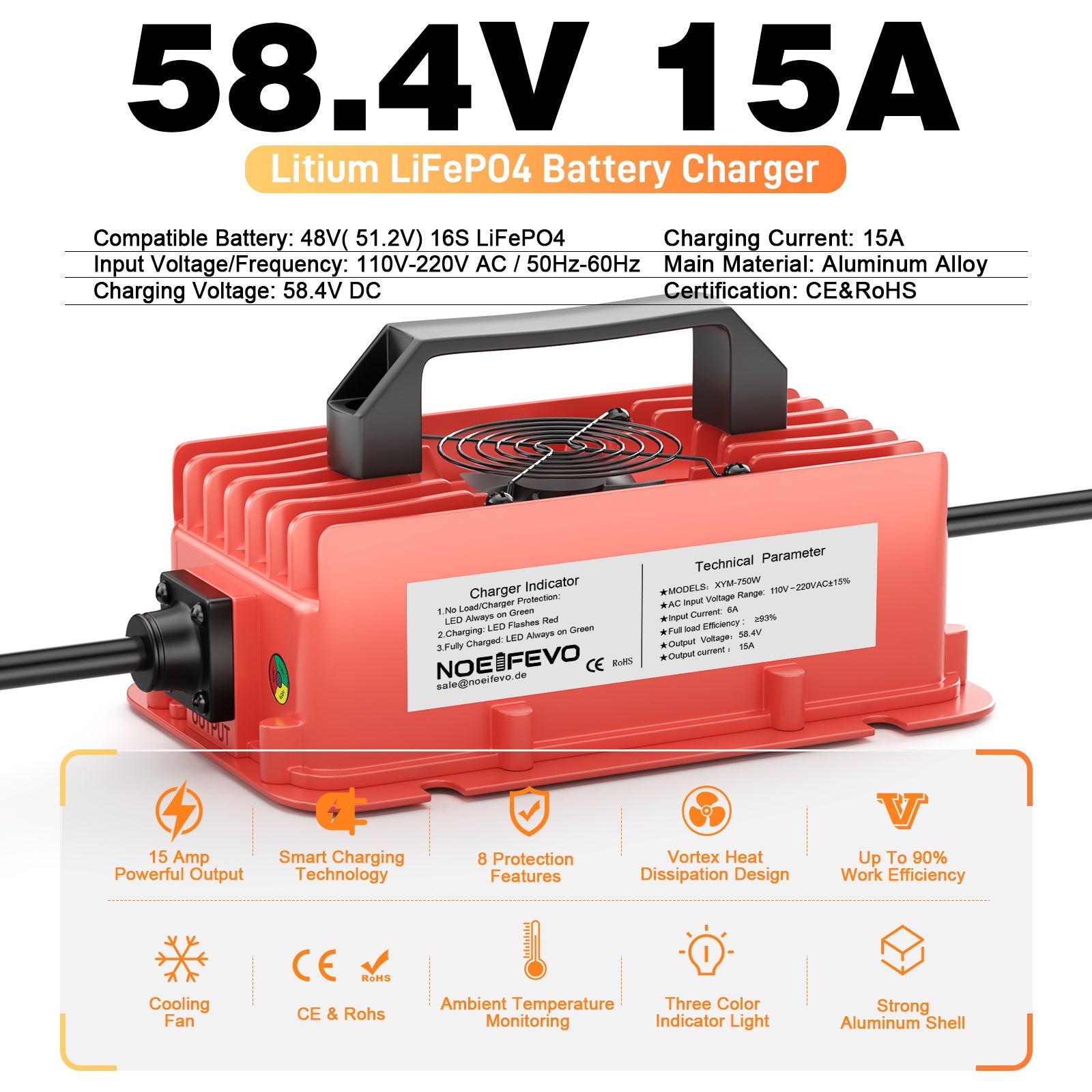 NOEIFEVO 58.4V 15A Wasserdicht LiFePO4 Akku-Ladegerät für 51.2V(48V) 16S LiFePO4 Akku