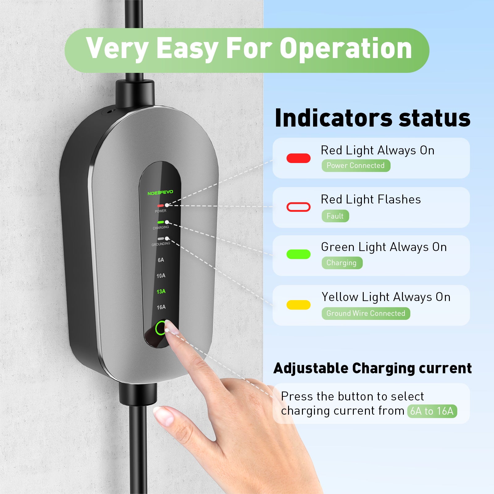 NOEIFEVO F095-3 Type 2 to CEE16A EV Charging Cable for Electric Vehicles, 11kW Wallbox, Adjustable Current from 6A to 16A, 3m/5m/10m