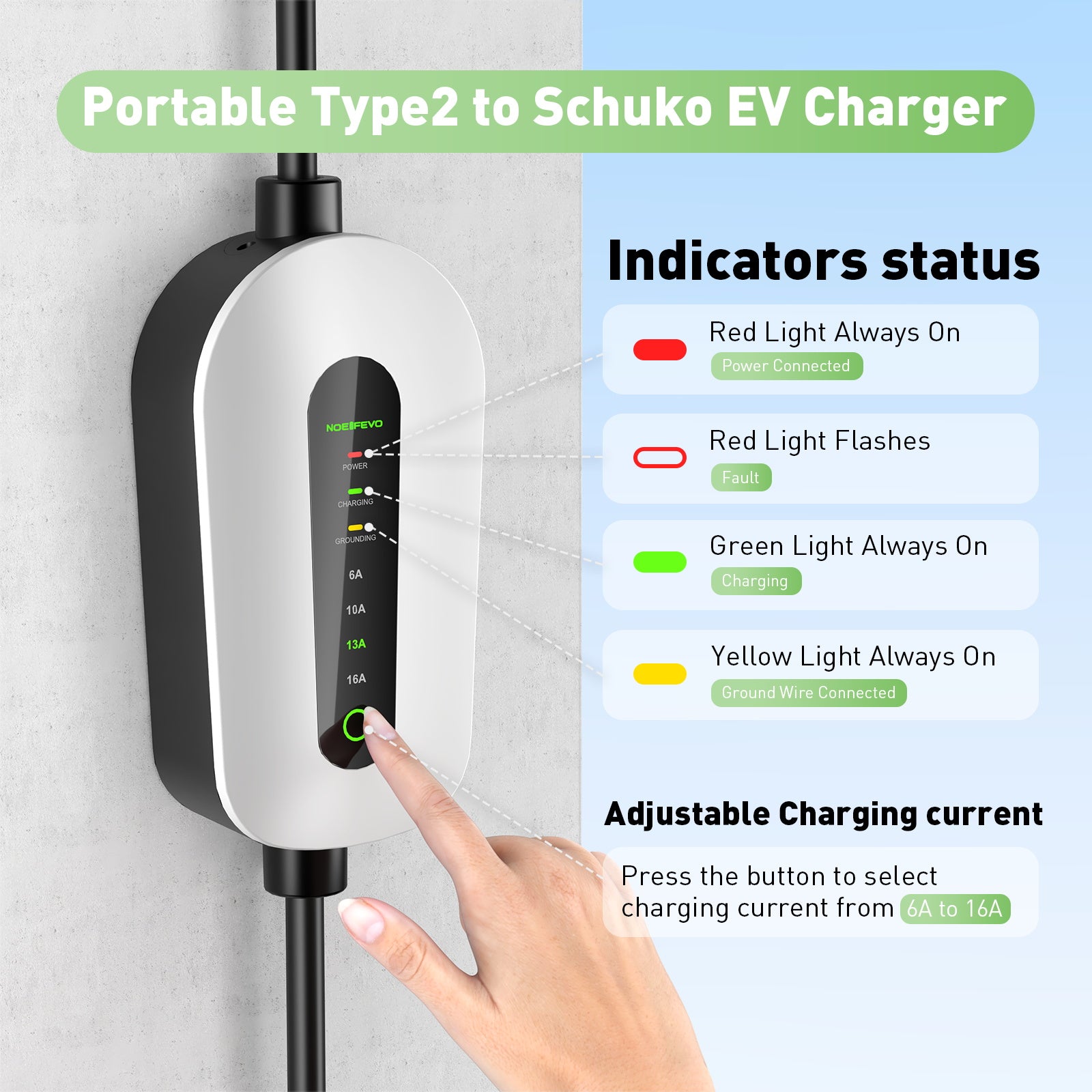 NOEIFEVO F095 Type 2 to Schuko EV Charging Cable for Electric Vehicles, 3.5KW, Adjustable Current from 6A to 16A, 3m/5m/10m