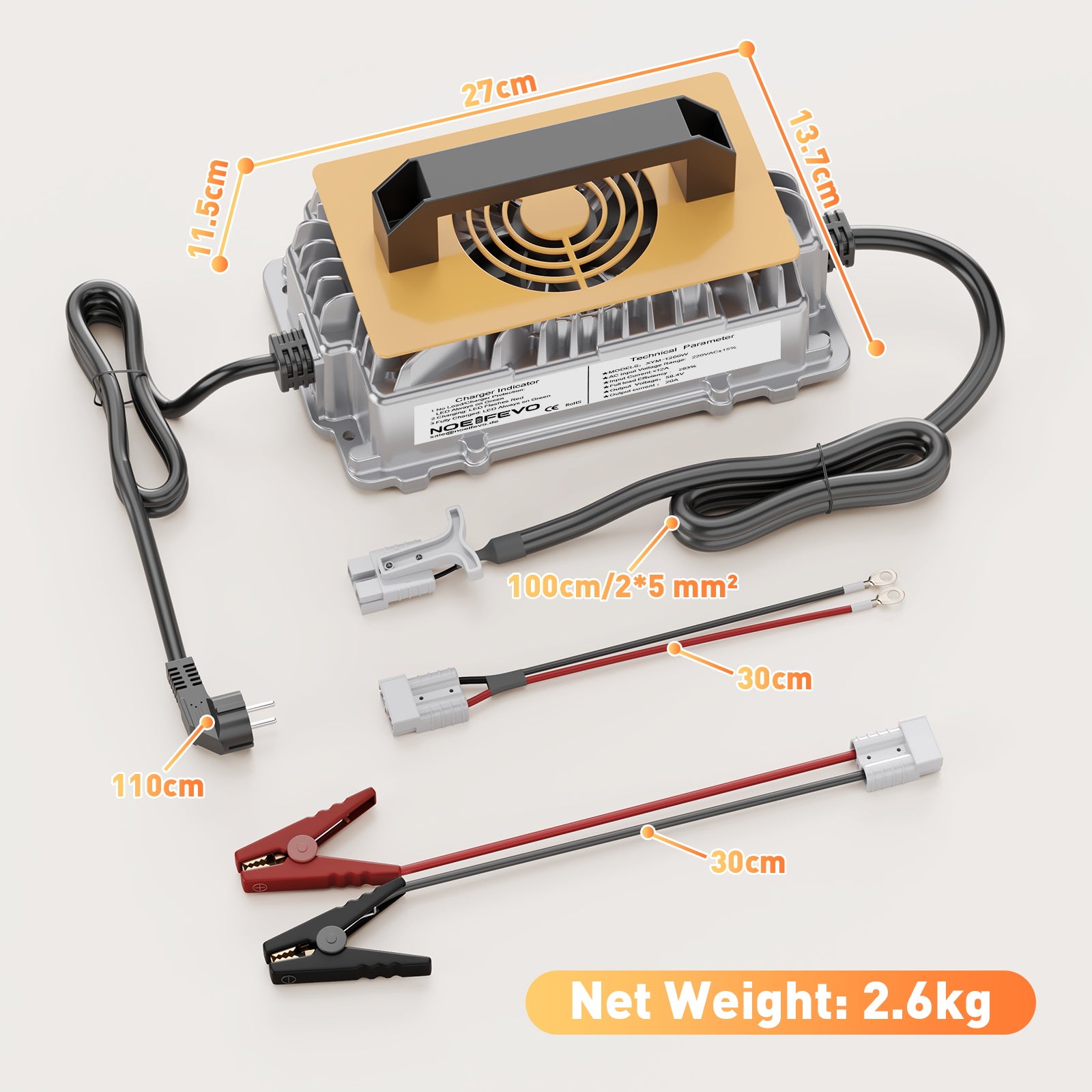 NOEIFEVO 58.4V 20A Lithium Lifepo4 Battery Charger for 48V (51.2V) 16S Battery, Waterproof, 0 V BMS Activation, Automatic Shutdown with Full Protection