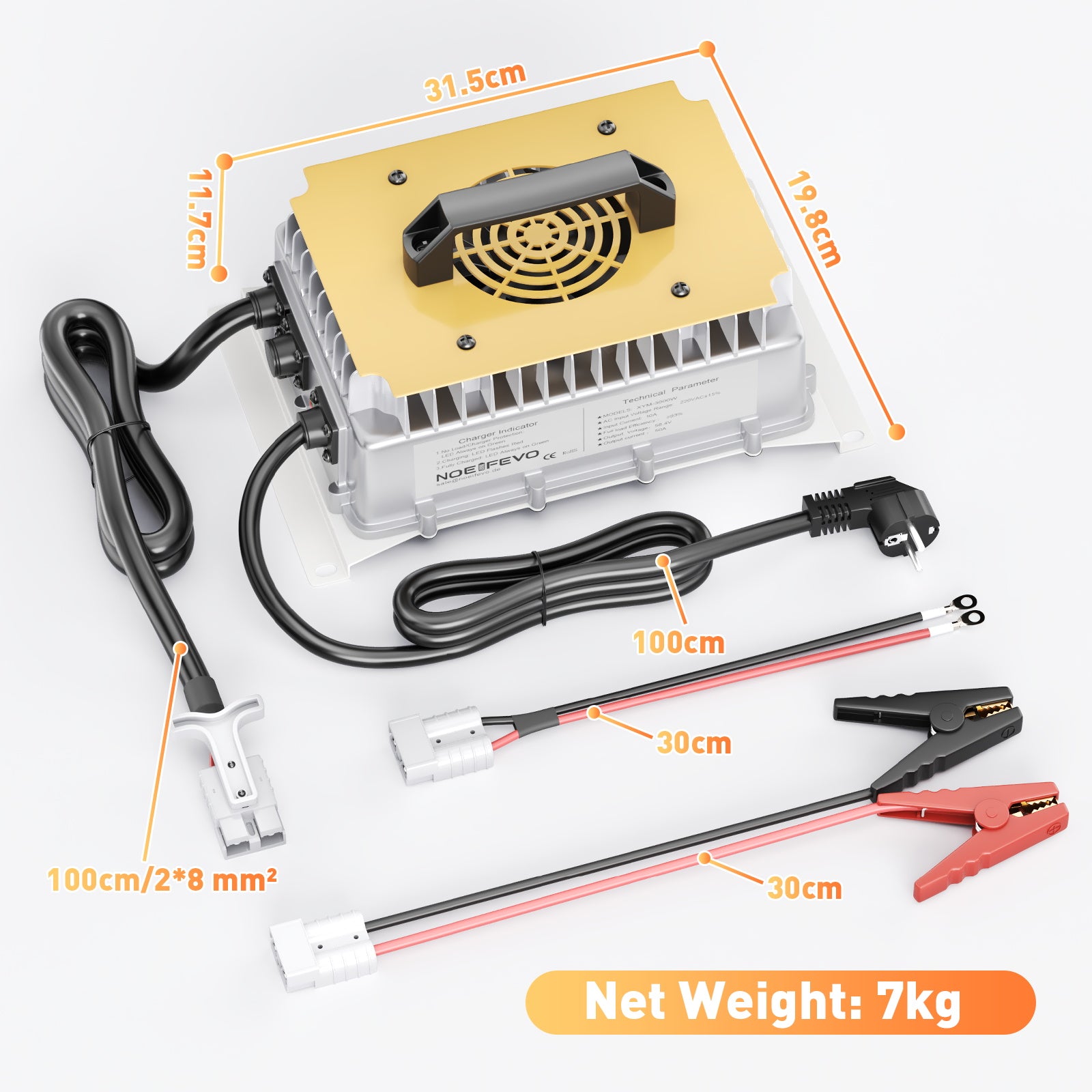 NOEIFEVO 58.4V 50A LiFePO4 Battery Charger for 51.2V (48V) 16S LiFePO4 Battery, waterproof, activated at 0V BMS