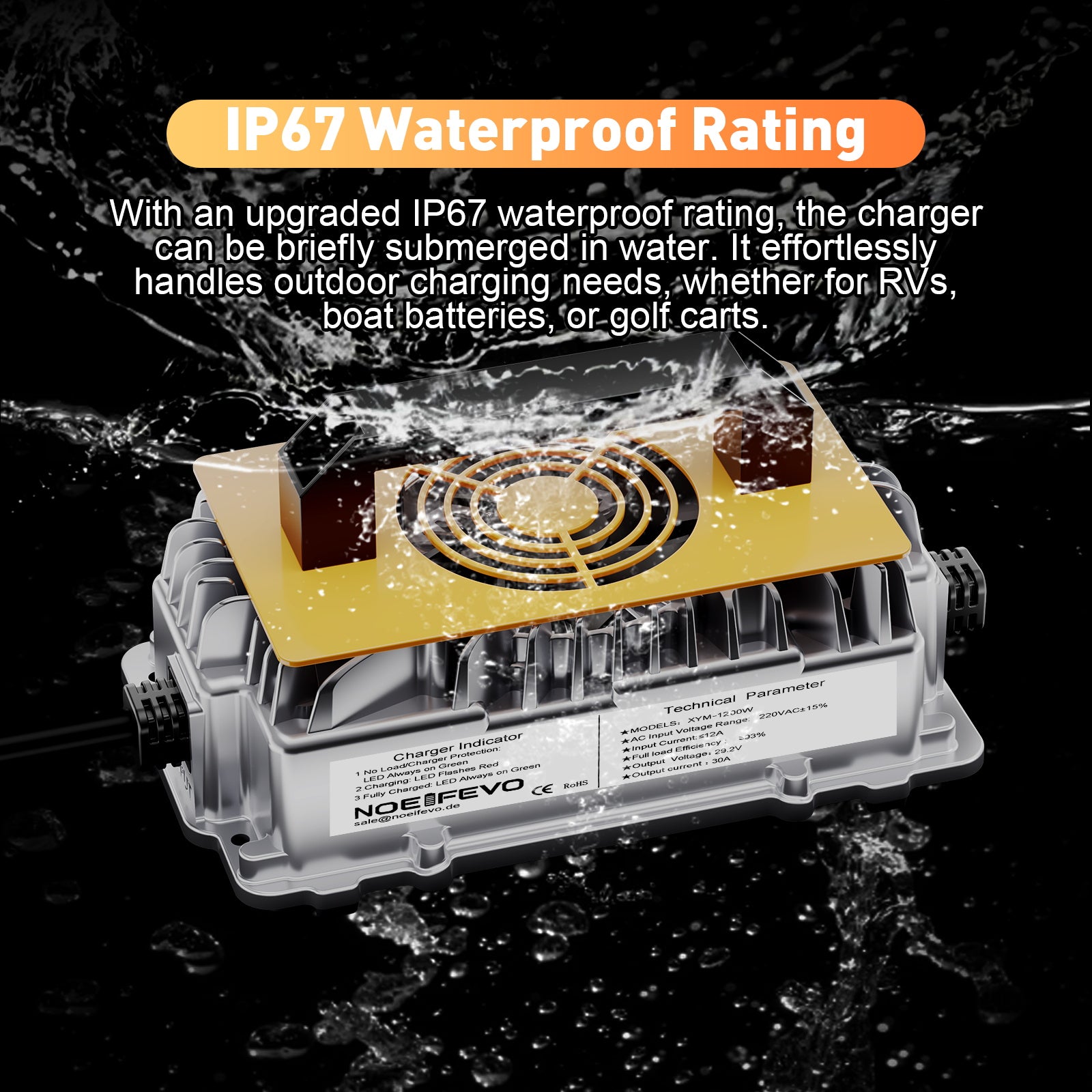 Noeifevo 29.2V 30A LiFePO4 Battery Charger for 24V to 25.6V Lithium Accu, Waterproof, 0V BMS Activation, Automatic Shutdown