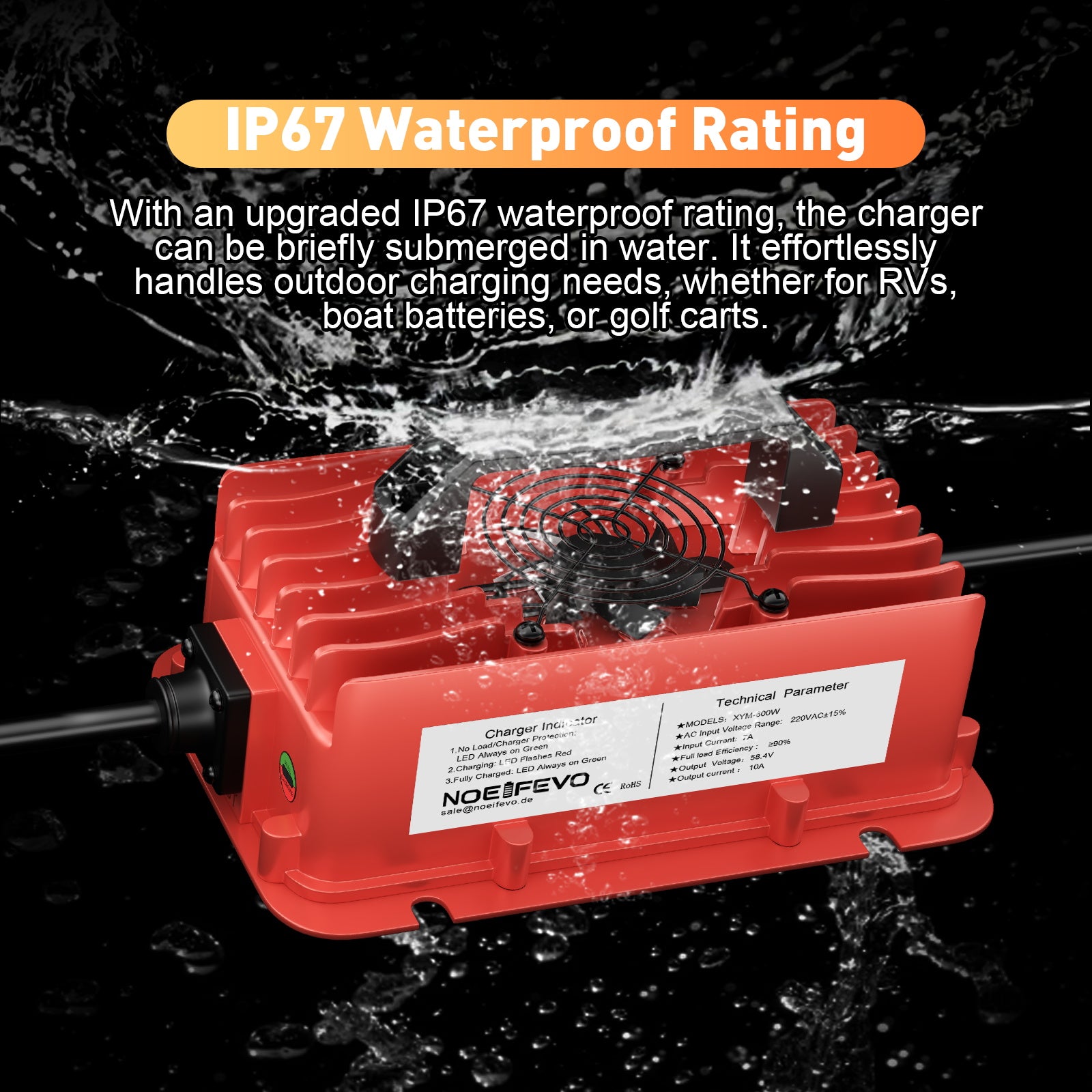 NOEIFEVO 58.4V 10A Lithium LiFePO4 Battery Charger for 51.2V (48V) 16S Battery, Waterproof, Automatic Shutdown with Full Protection