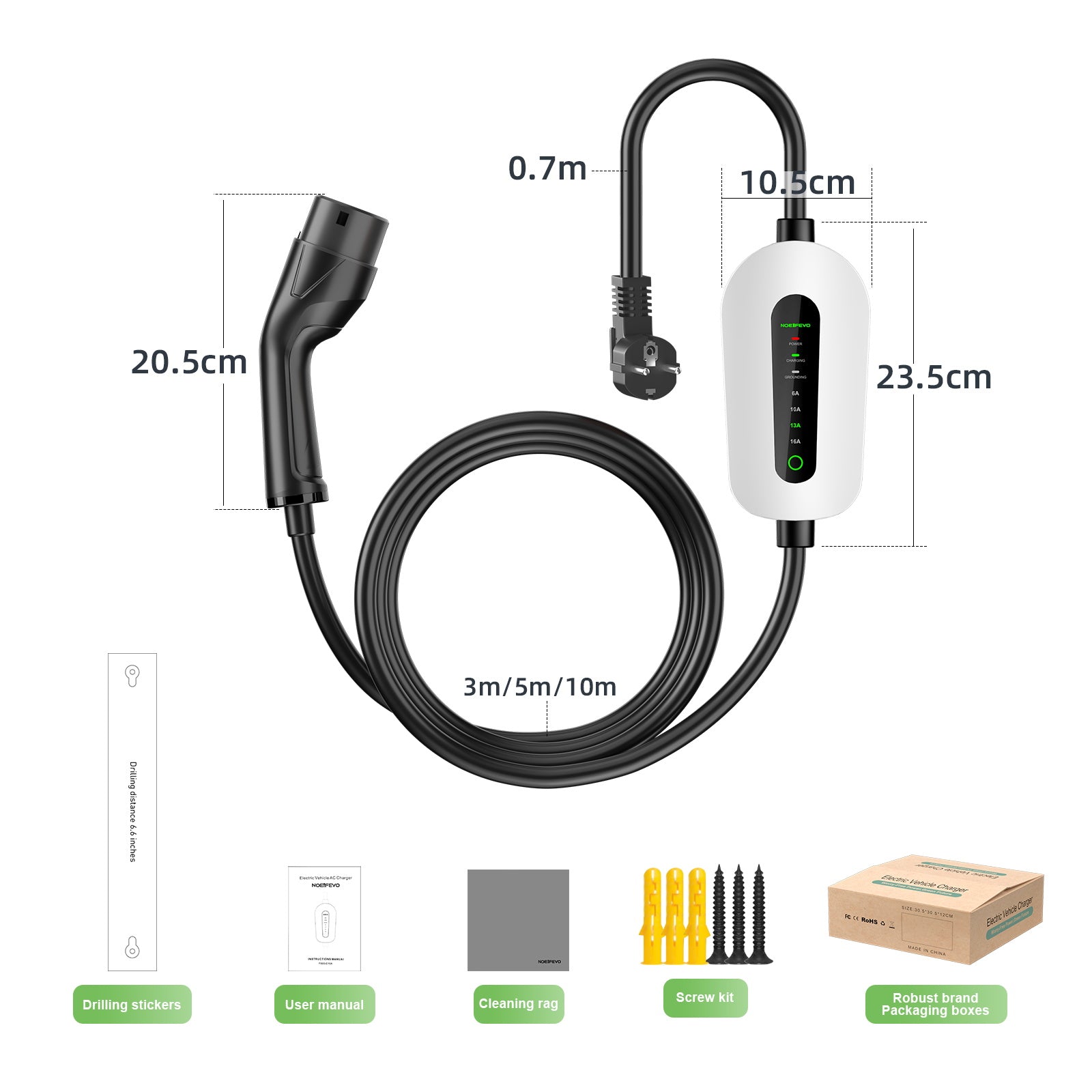 NOEIFEVO F095 Type 2 to Schuko EV Charging Cable for Electric Vehicles, 3.5KW, Adjustable Current from 6A to 16A, 3m/5m/10m