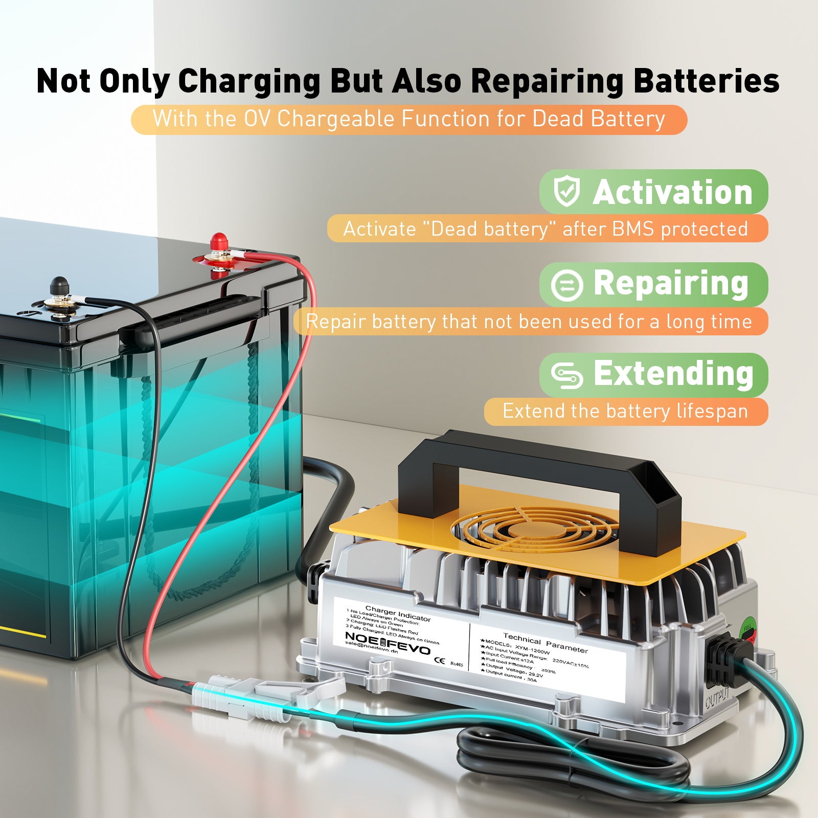 Noeifevo 29.2V 30A LiFePO4 Battery Charger for 24V to 25.6V Lithium Accu, Waterproof, 0V BMS Activation, Automatic Shutdown