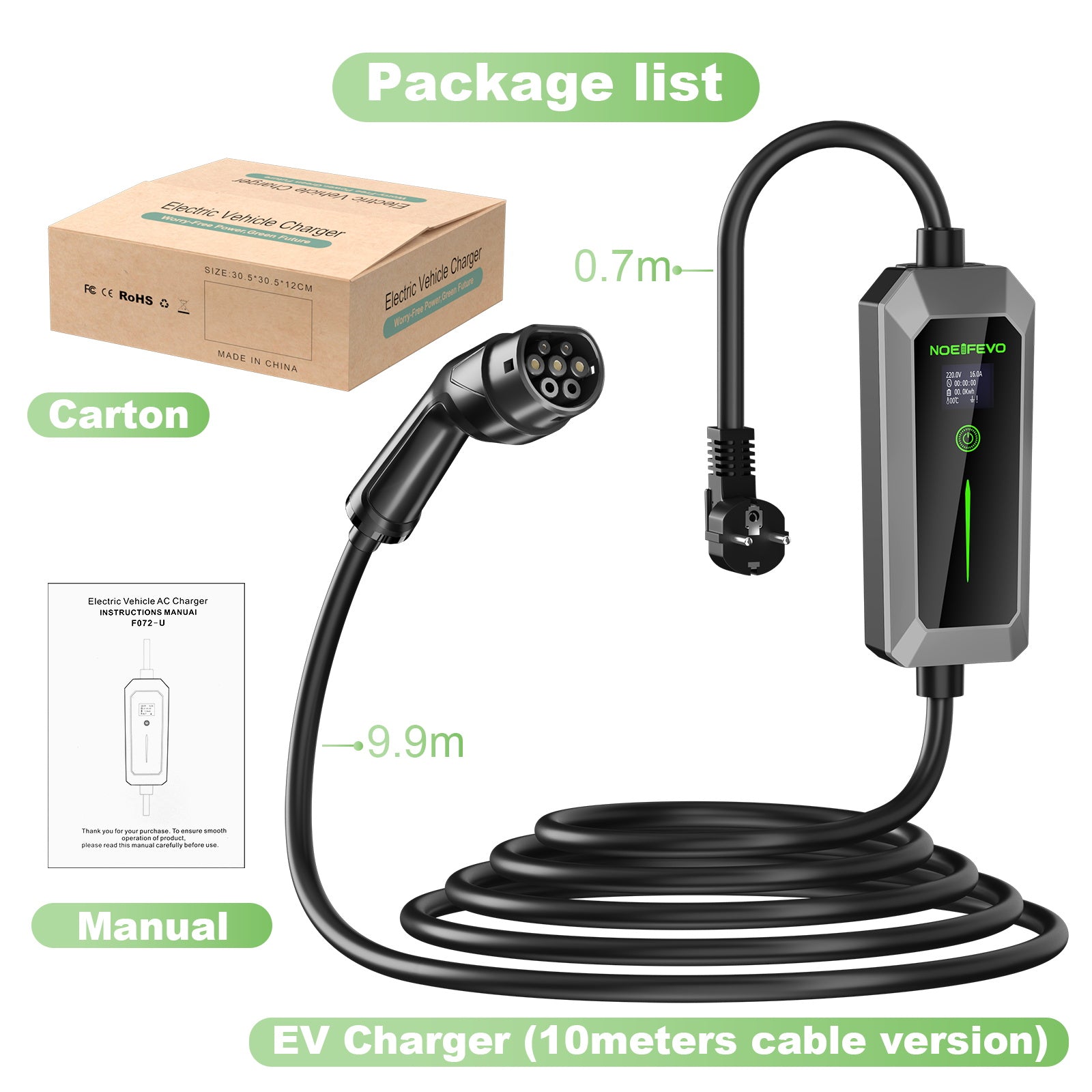 NOEIFEVO Type 2 3.5 kW EV Charger, Mobile EV Charging Cable with Schuko Plug, 5M/10M Charging Cable, Rainproof, Suitable for Outdoor Use
