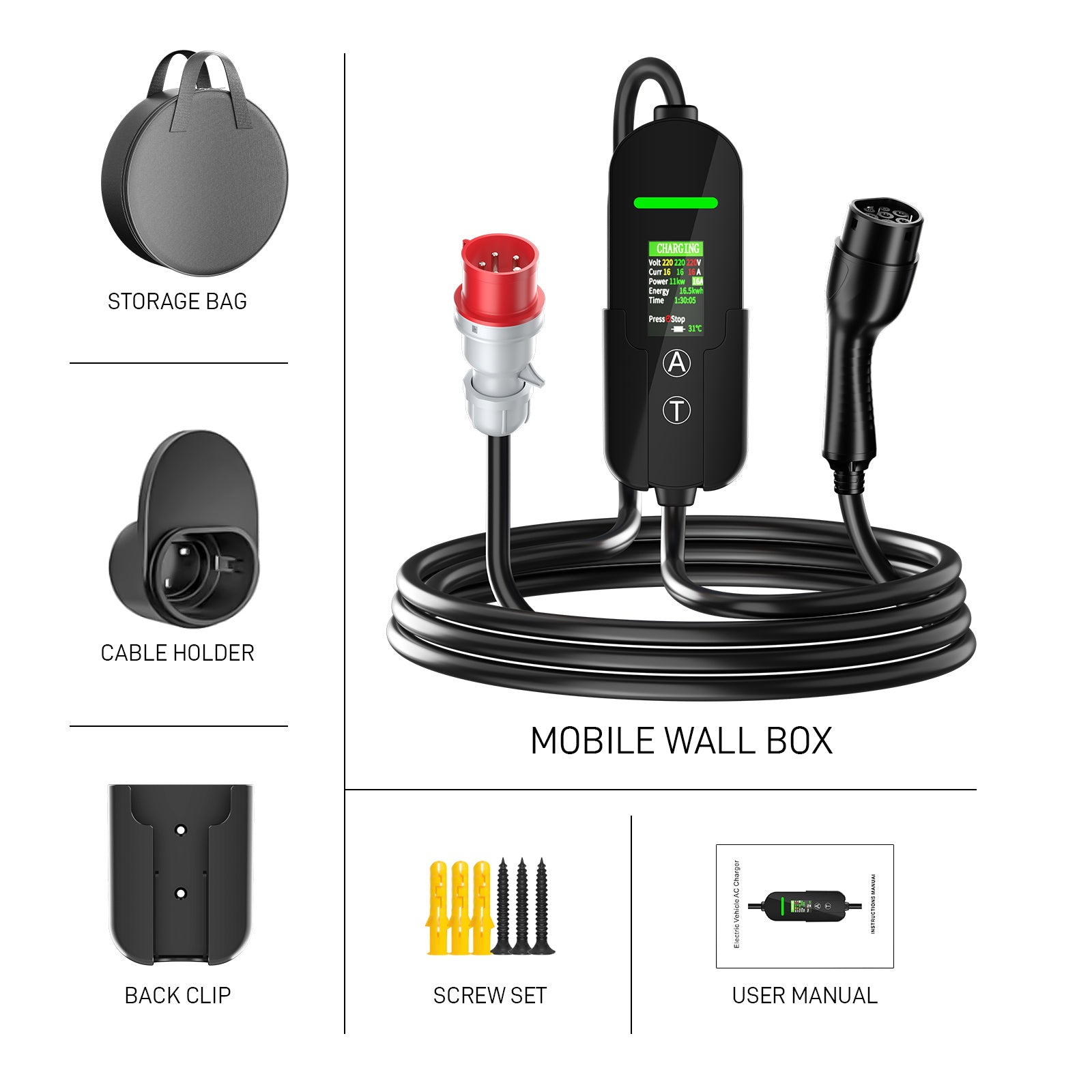 NOEIFEVO Typ2 Mobile Wallbox/Ladestation 11 kW 3-Phasen, 6-16 A Einstellbarer Ladestrom, 1-12 Stunden Verzögerungs-Ladung, CEE 16A auf Typ2 Tragbarer EV-Ladegerät mit 5m Ladekabel, Für alle Typ2 EV & PHEV