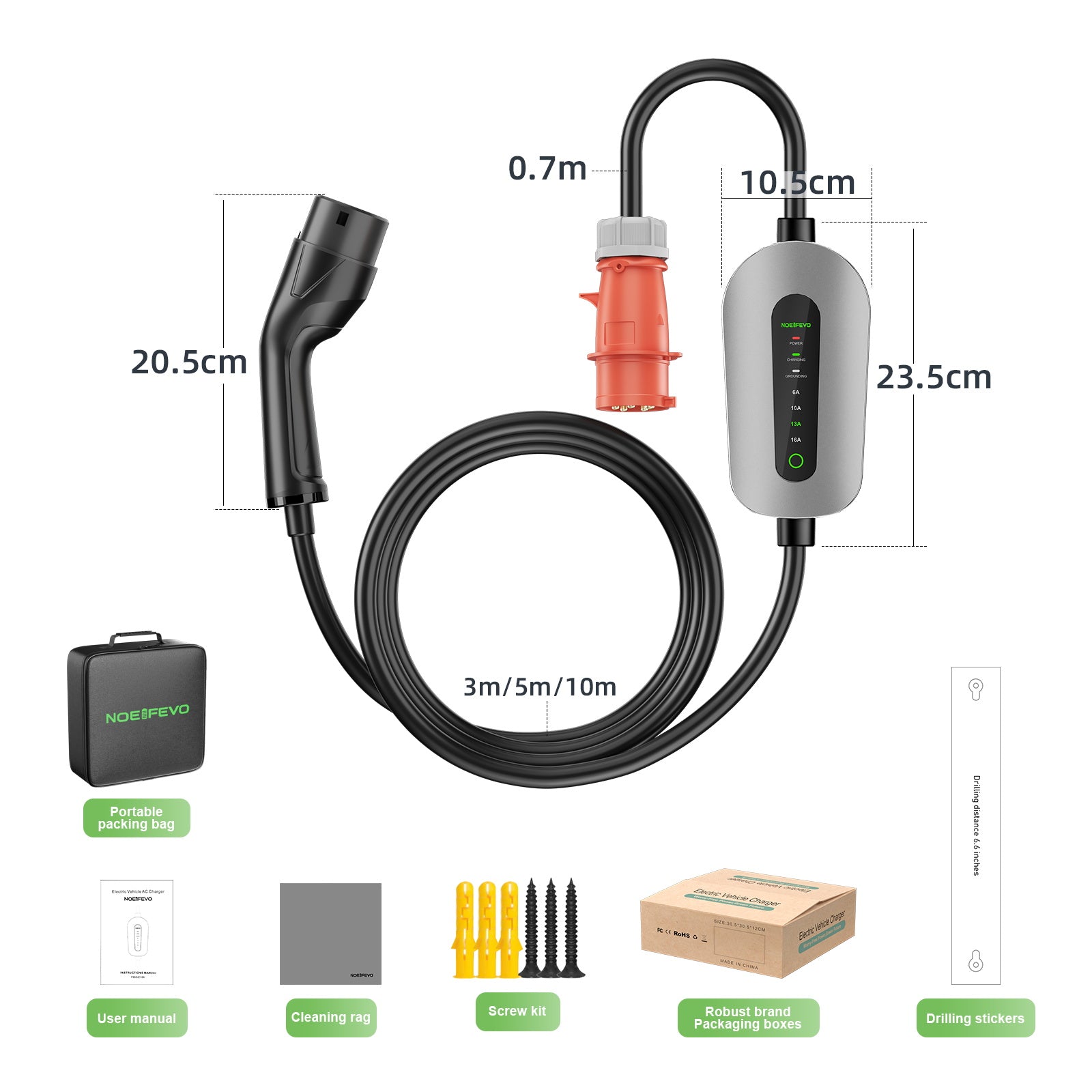 NOEIFEVO F095-3 Type 2 to CEE16A EV Charging Cable for Electric Vehicles, 11kW Wallbox, Adjustable Current from 6A to 16A, 3m/5m/10m
