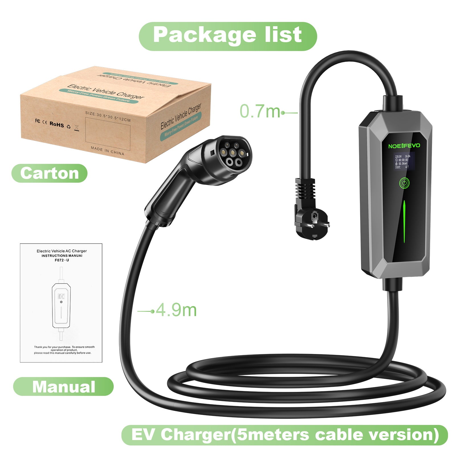 NOEIFEVO Type 2 3.5 kW EV Charger, Mobile EV Charging Cable with Schuko Plug, 5M/10M Charging Cable, Rainproof, Suitable for Outdoor Use