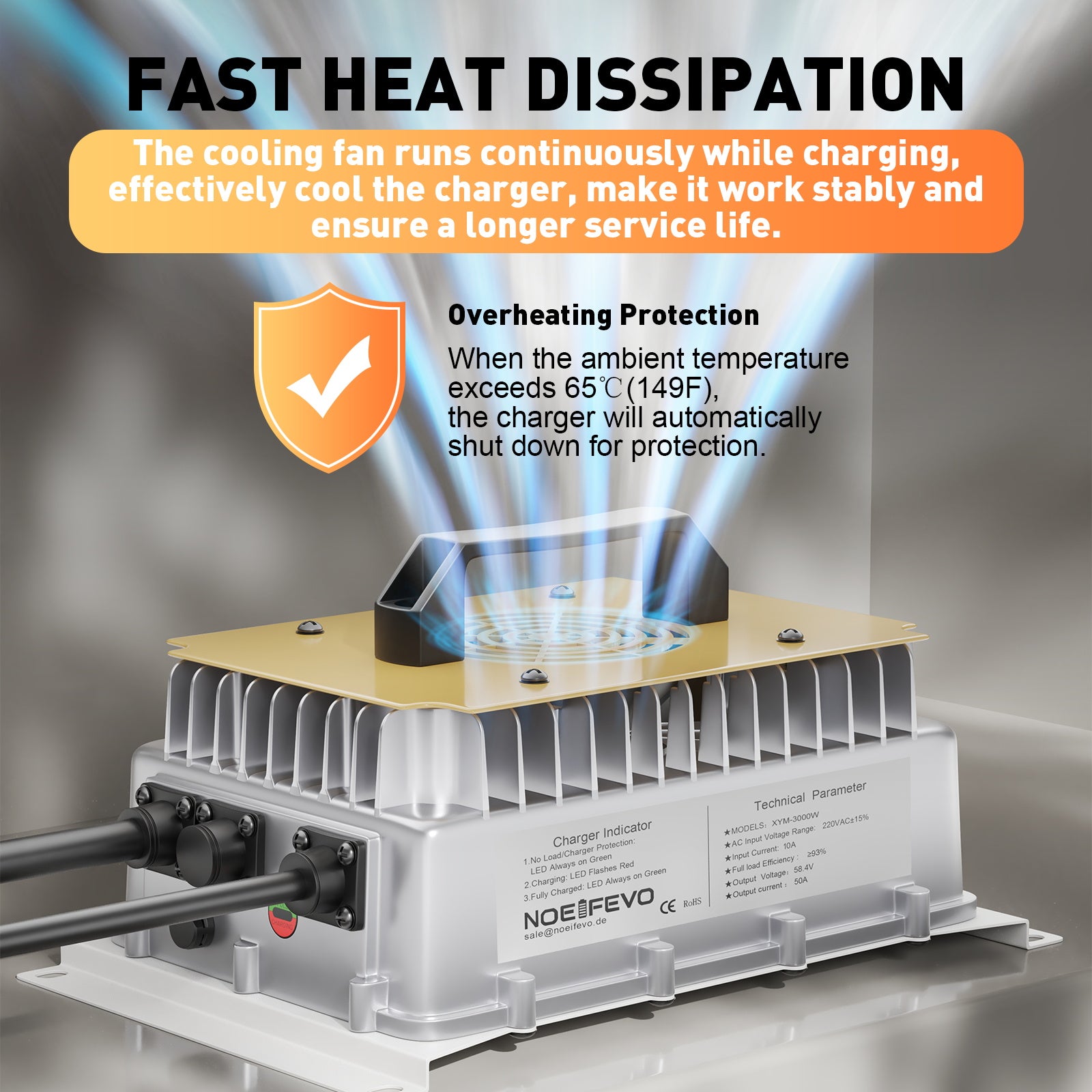 NOEIFEVO 58.4V 50A LiFePO4 Battery Charger for 51.2V (48V) 16S LiFePO4 Battery, waterproof, activated at 0V BMS