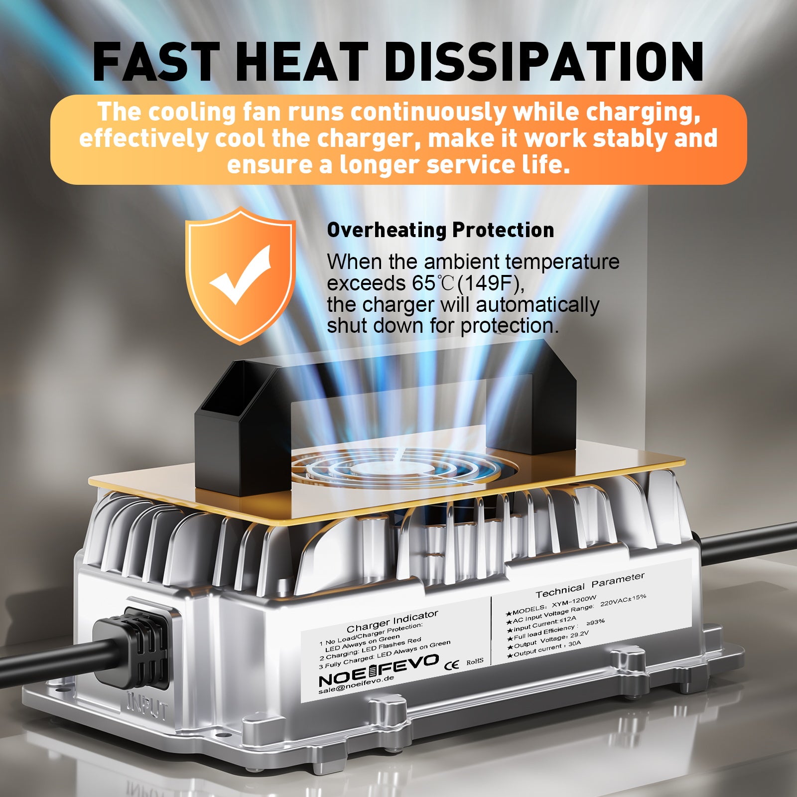 Noeifevo 29.2V 30A LiFePO4 Battery Charger for 24V to 25.6V Lithium Accu, Waterproof, 0V BMS Activation, Automatic Shutdown