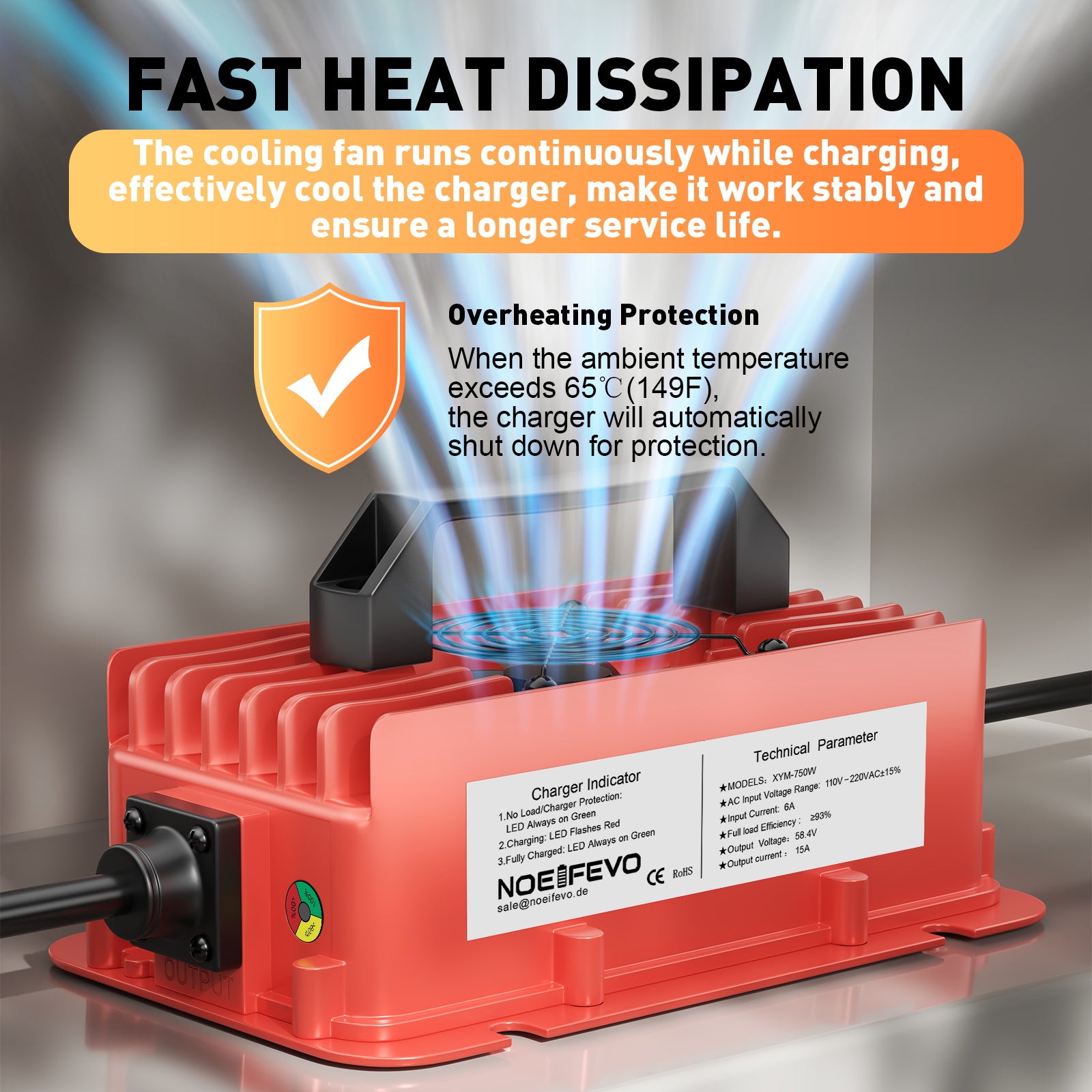 NOEIFEVO 58.4V 15A Wasserdicht LiFePO4 Akku-Ladegerät für 51.2V(48V) 16S LiFePO4 Akku