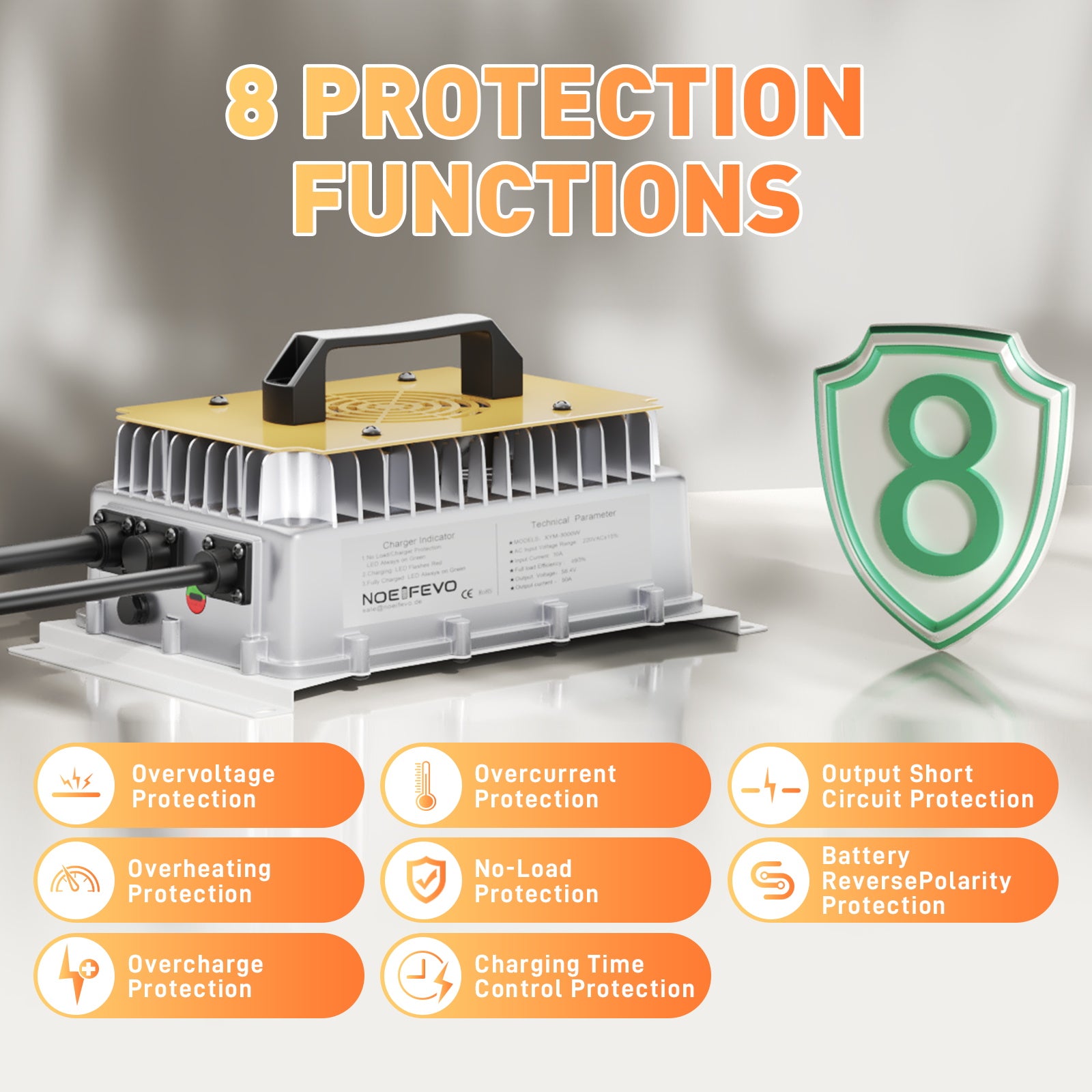 NOEIFEVO 58.4V 50A LiFePO4 Battery Charger for 51.2V (48V) 16S LiFePO4 Battery, waterproof, activated at 0V BMS