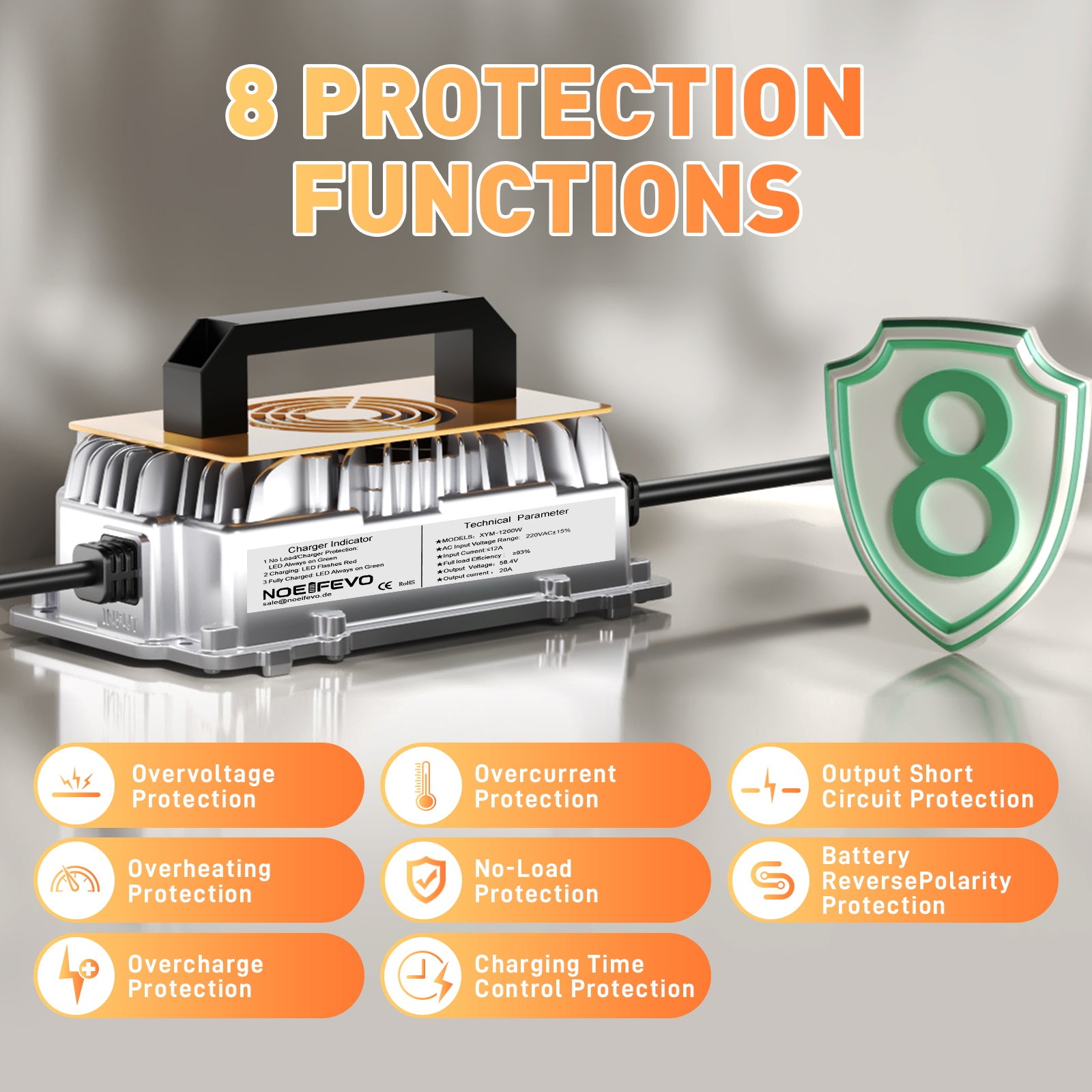 NOEIFEVO 58.4V 20A Lithium Lifepo4 Battery Charger for 48V (51.2V) 16S Battery, Waterproof, 0 V BMS Activation, Automatic Shutdown with Full Protection