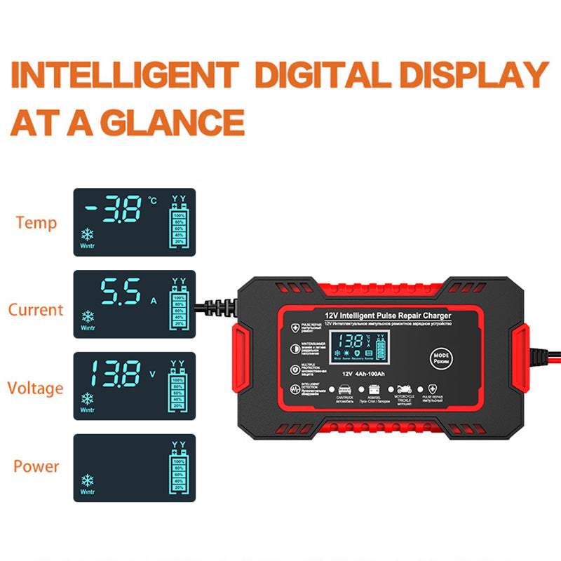 Autobatterie-Ladegerät 12V 6A, Impuls-Reparatur-Ladegerät mit LCD-Touchscreen, für alle 12V Blei-Säure-Batterien und Startbatterien