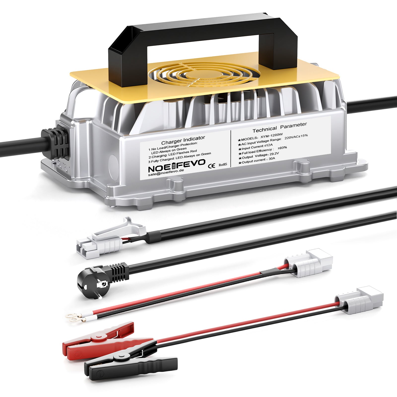 Noeifevo 29.2V 30A LiFePO4 Battery Charger for 24V to 25.6V Lithium Accu, Waterproof, 0V BMS Activation, Automatic Shutdown