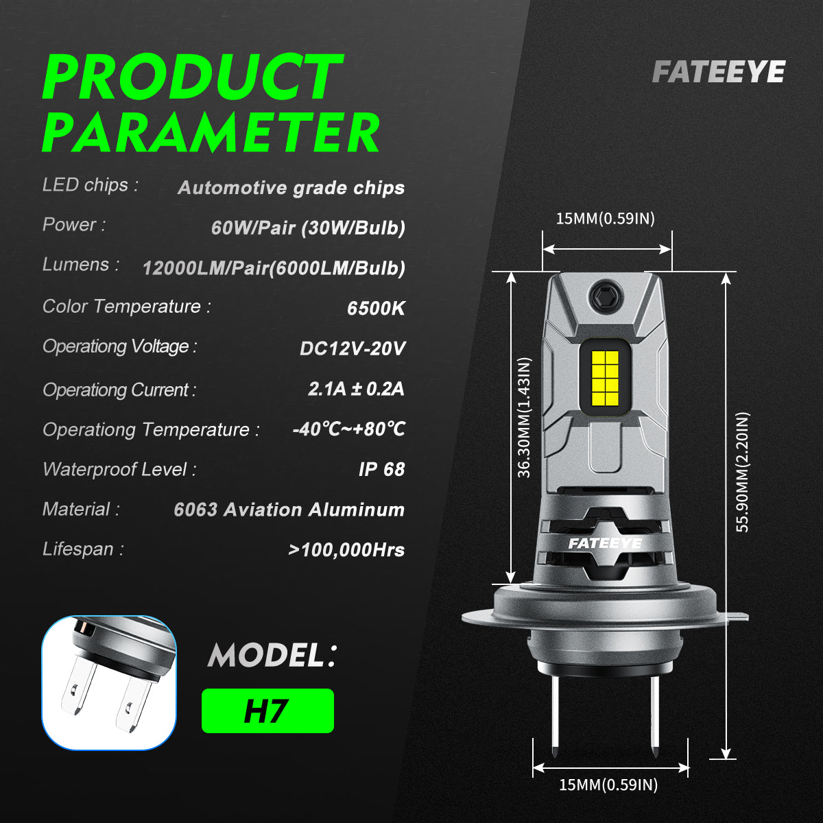 2 Stück 60W 12000LM Lumen Auto Scheinwerferlampe, H7 LED Lampe