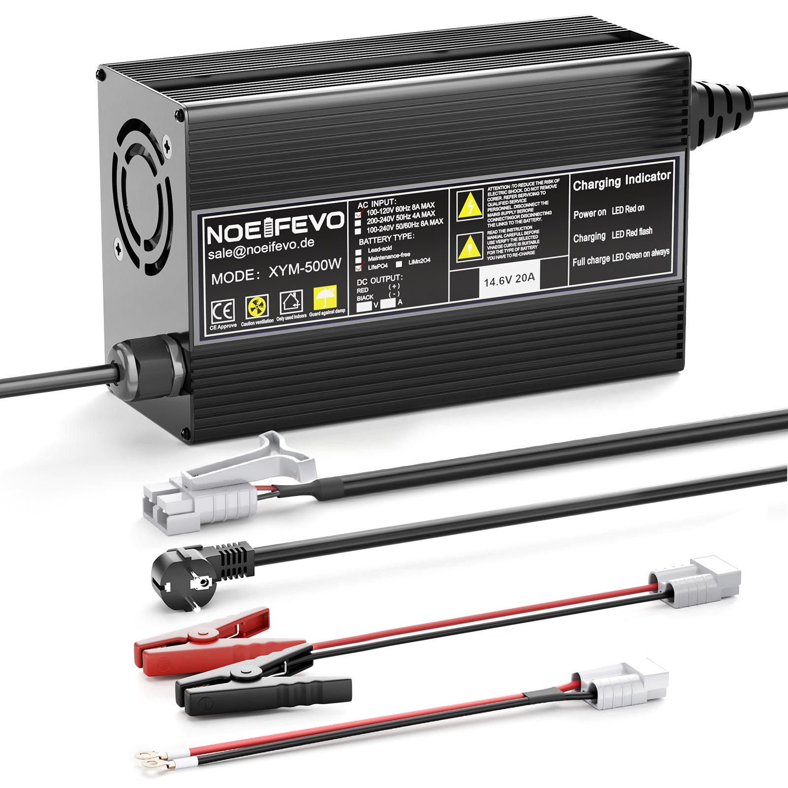Noeifevo 14.6V 20A LiFePO4 Battery Charger for 12V 12.8V LiFePO4 Lithium Batteries, 0V BMS Activation, Auto Shut-Off, Aluminum Alloy Housing