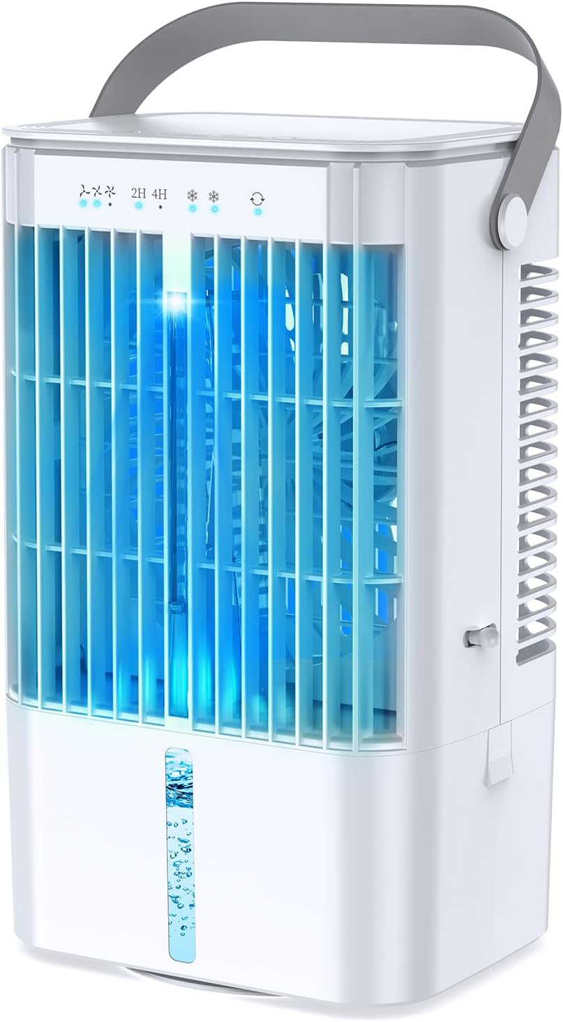 Mobiele airconditioner 4-in-1, energiezuinige mini-luchtkoeler met grote watertank (1200 ml), 3-traps verdampingskoeling, 7-kleuren LED, timer en laag geluidsniveau voor thuiswerken en slaapkamer