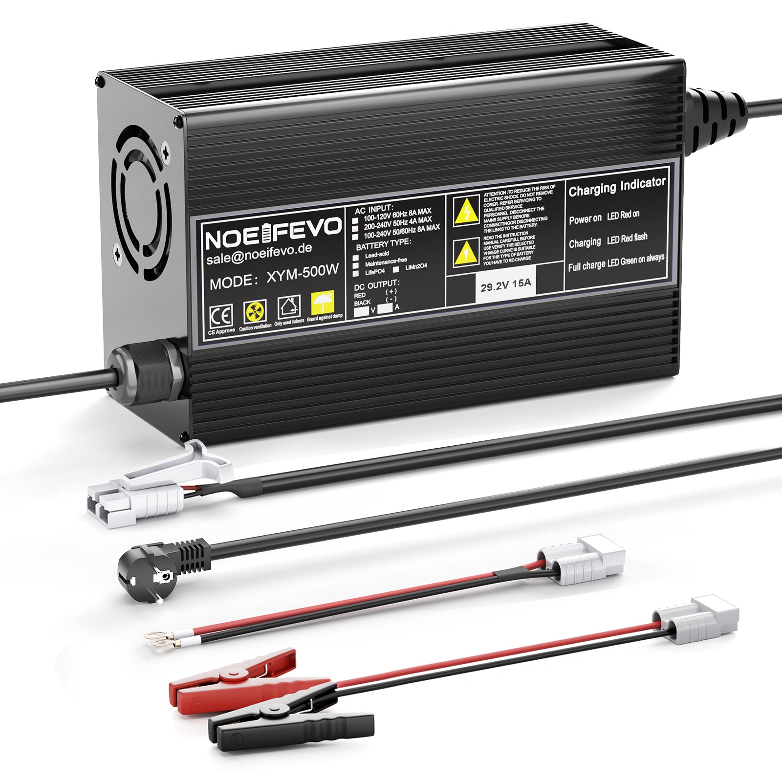 Noeifevo 29,2V 15A LiFePO4 batterioplader til 24V 25,6V lithiumbatteri, 0V BMS aktivering, automatisk nedlukning med fuld beskyttelse