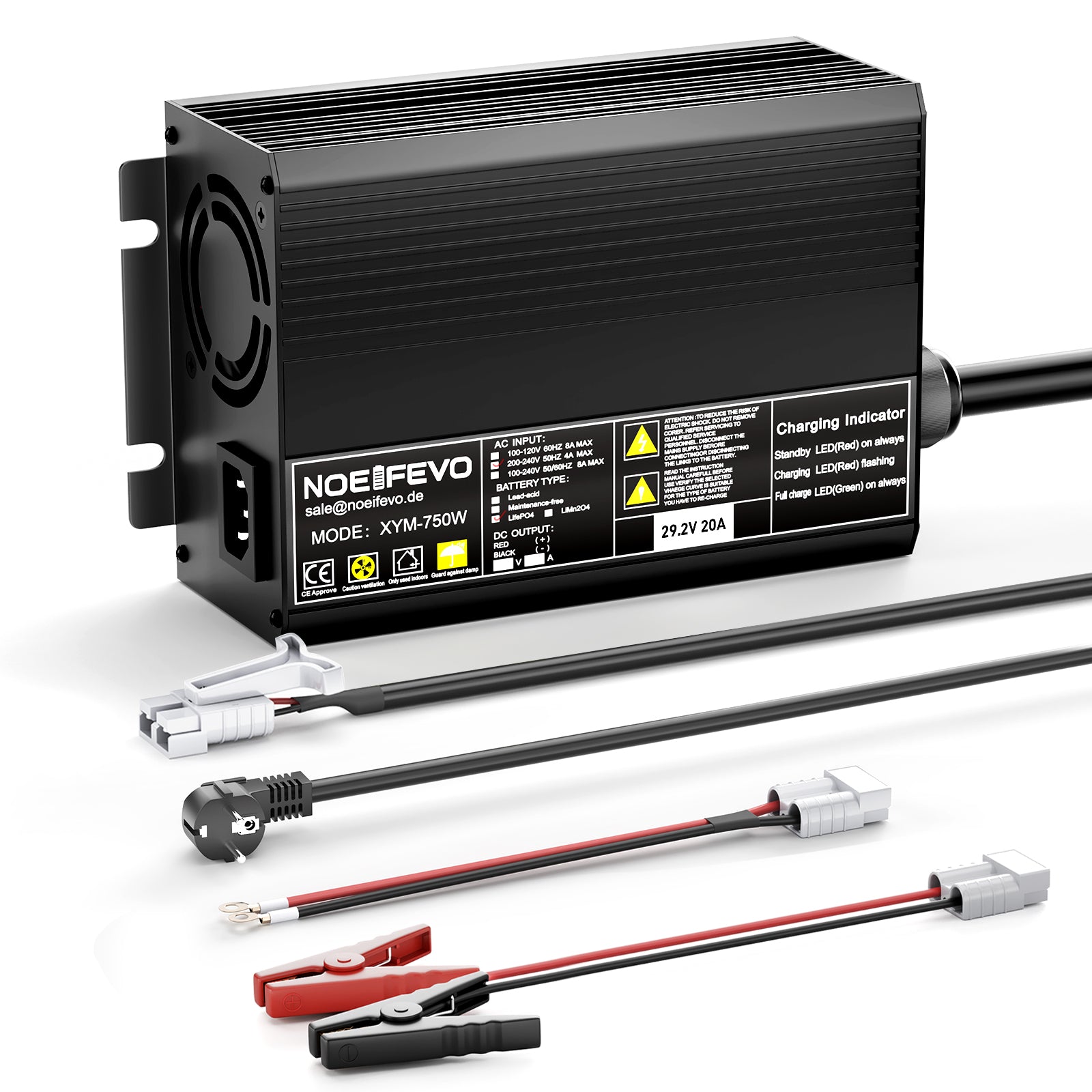 Noeifevo 29,2V 20A LiFePO4 batteriladdare för 24V 25,6V litiumbatteri, 0V BMS aktivera, automatisk avstängning med fullt skydd