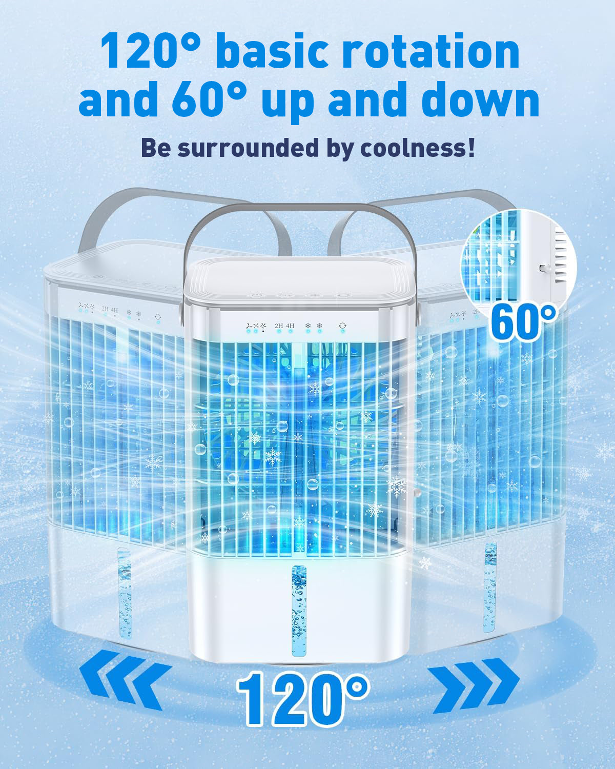 Mobiele airconditioner 4-in-1, energiezuinige mini-luchtkoeler met grote watertank (1200 ml), 3-traps verdampingskoeling, 7-kleuren LED, timer en laag geluidsniveau voor thuiswerken en slaapkamer