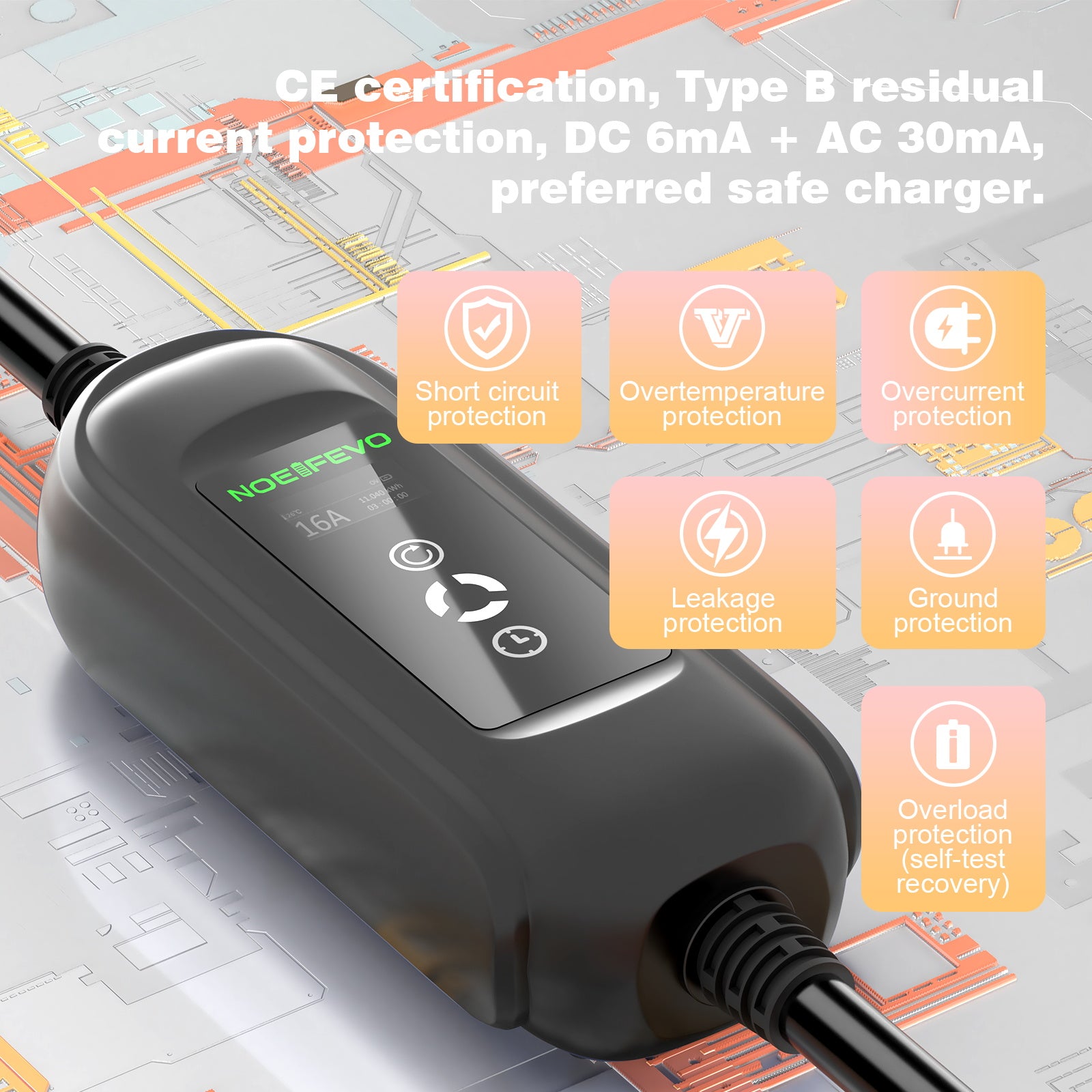 Noeifevo 11KW bilbatterilader, Type2 til CEE16A EV-lader med husholdningsadapter, 5m/10/15m