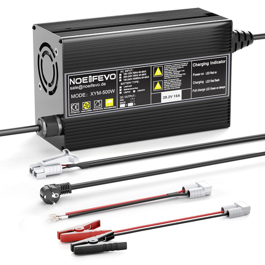 Noeifevo 29.2V 20A LiFePO4 Battery Charger for 24V 25.6V Lithium Battery, 0V BMS Activation, Automatic Shutdown with Full Protection