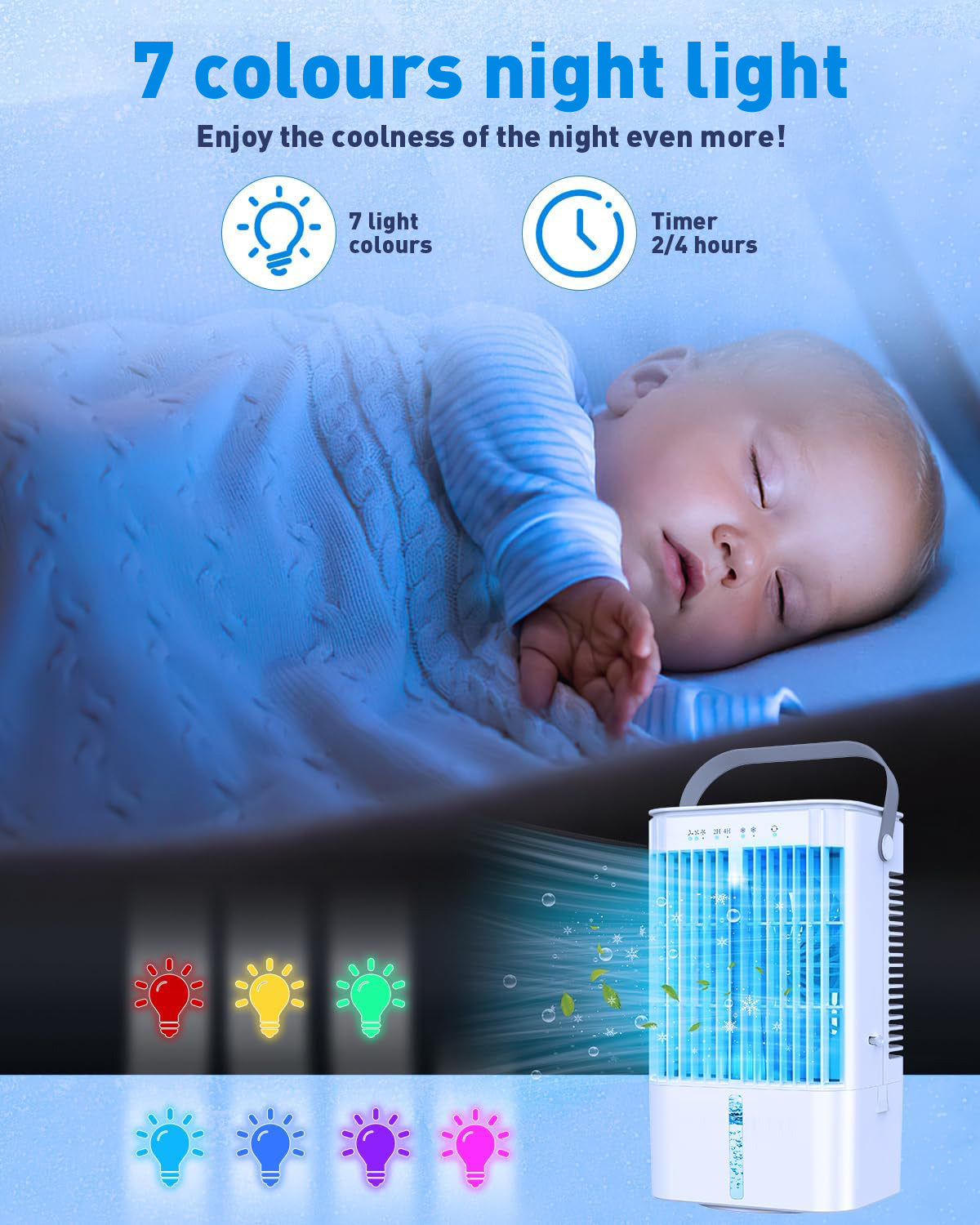Mobiele airconditioner 4-in-1, energiezuinige mini-luchtkoeler met grote watertank (1200 ml), 3-traps verdampingskoeling, 7-kleuren LED, timer en laag geluidsniveau voor thuiswerken en slaapkamer