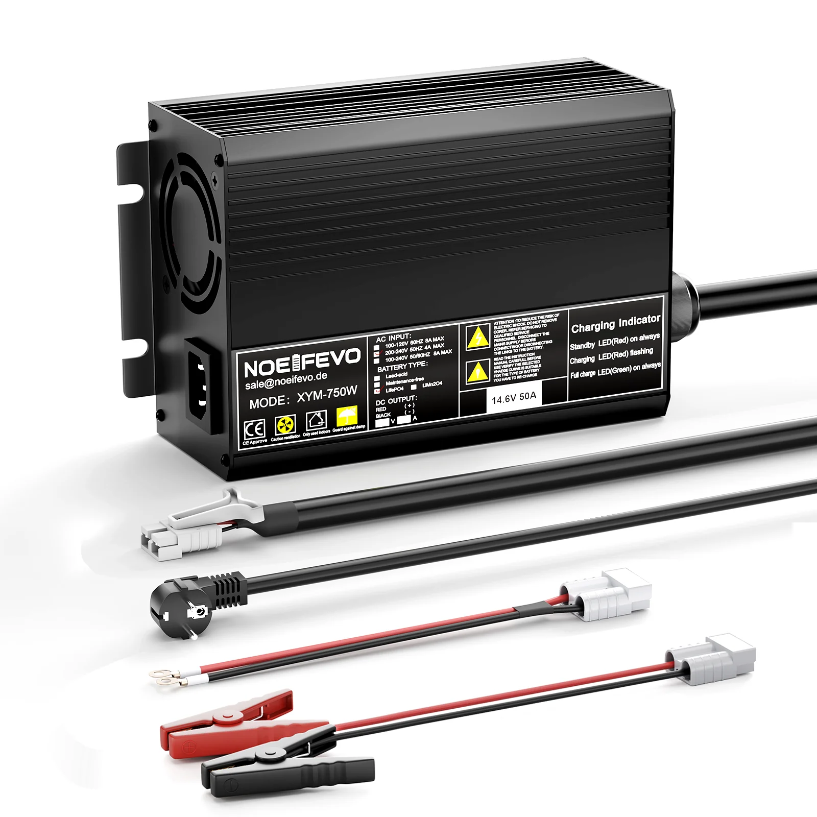 Noifevo 14.6V 50A Fast Lithium LiFePO4 Battery Charger for 12V(12.8V) LiFePO4 Battery, 0V BMS Activation, Automatic Shutdown with Full Protection