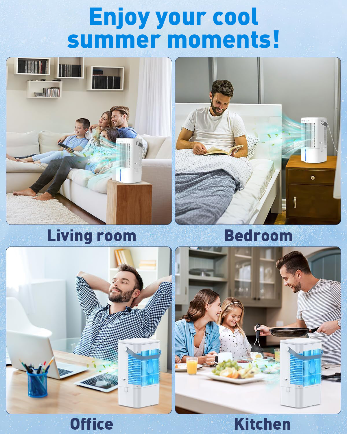 Mobiele airconditioner 4-in-1, energiezuinige mini-luchtkoeler met grote watertank (1200 ml), 3-traps verdampingskoeling, 7-kleuren LED, timer en laag geluidsniveau voor thuiswerken en slaapkamer
