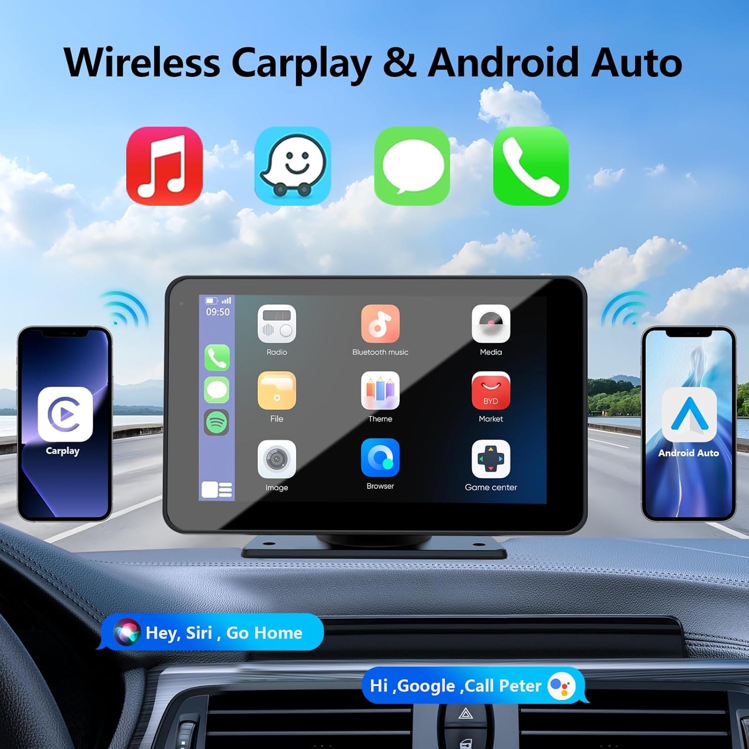 Bezdrátové CarPlay pro vozidla, 7" HD GPS navigace přenosné auto stereo dotyková obrazovka s Apple CarPlay, Android Auto, zpětná kamera, auto audio přijímač s hlasovým ovládáním, Mirror Link, Bluetooth